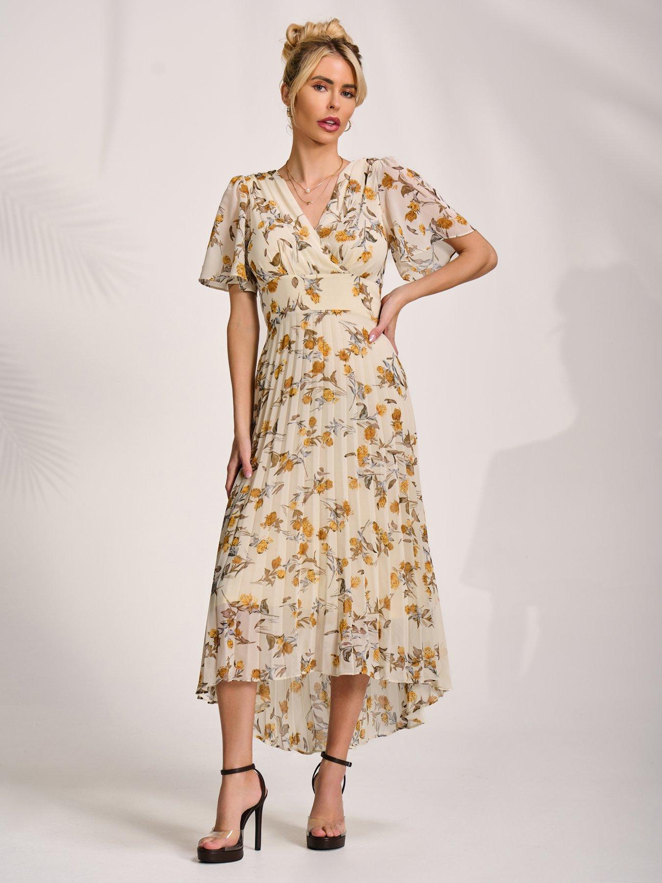 Jolie Moi Printed Chiffon Pleated Maxi Dress - Yellow