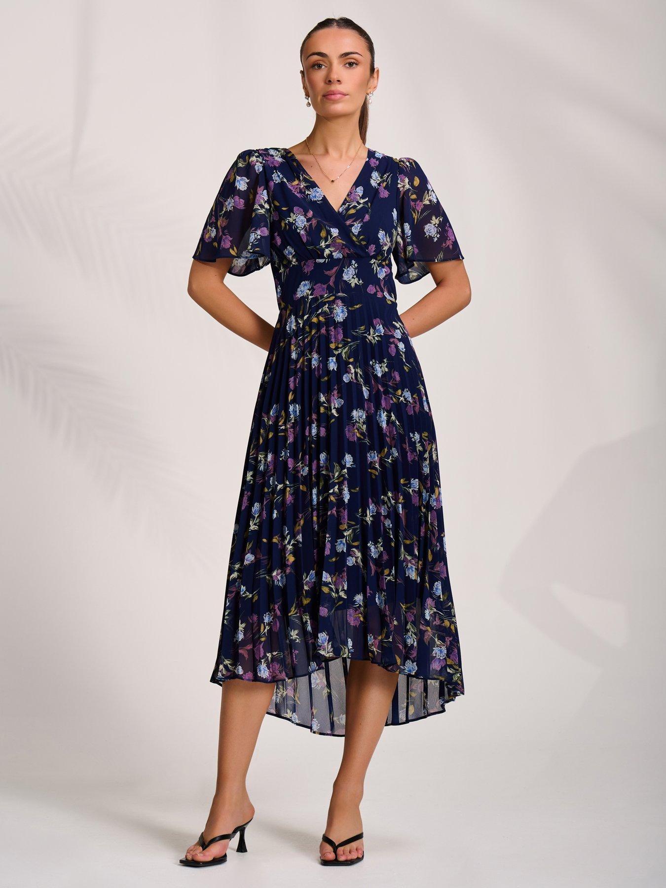 Jolie Moi Printed Chiffon Pleated Maxi Dress - Navy