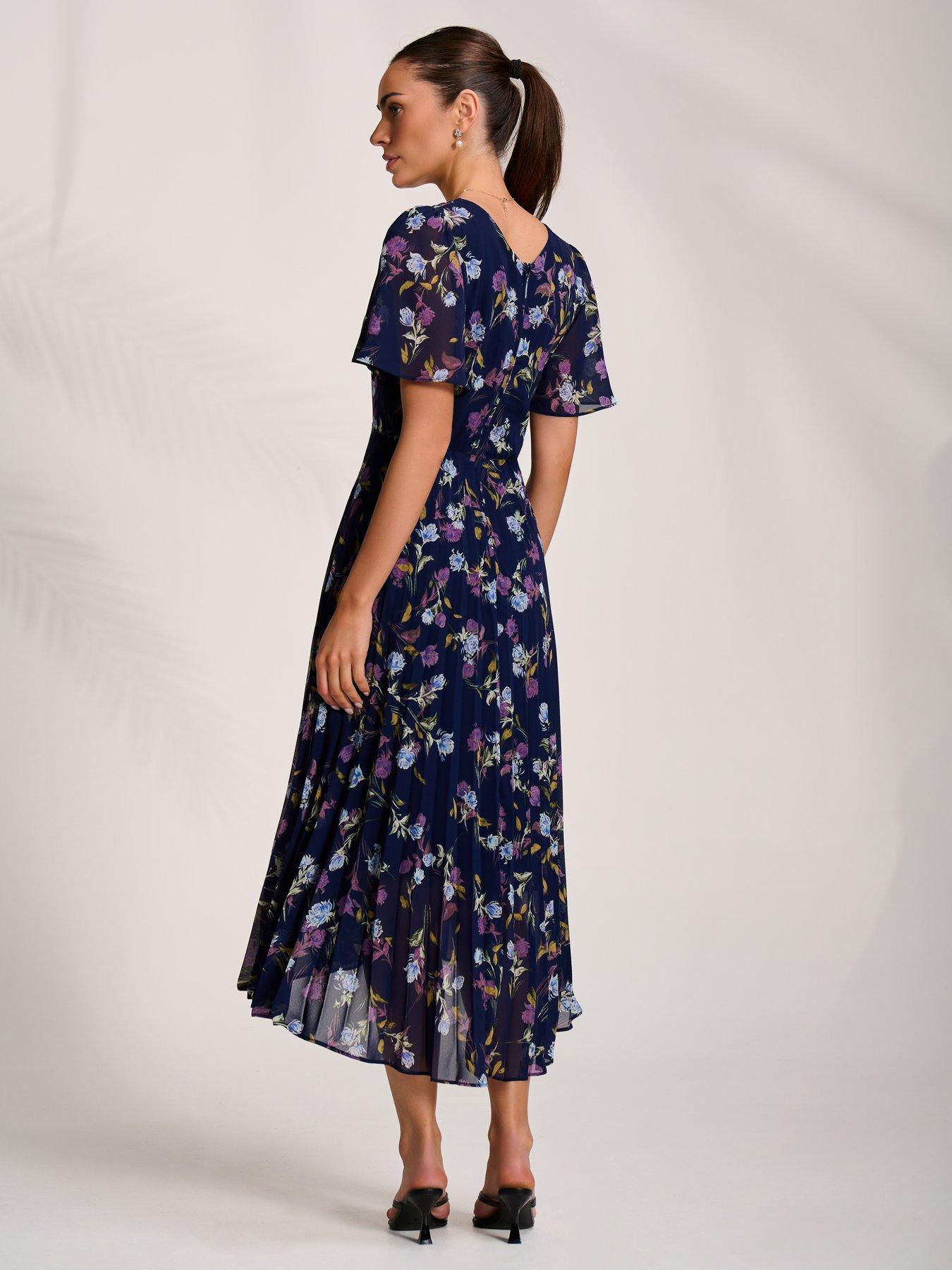 Image 2 of 7 of Jolie Moi Printed Chiffon Pleated Maxi Dress - Navy