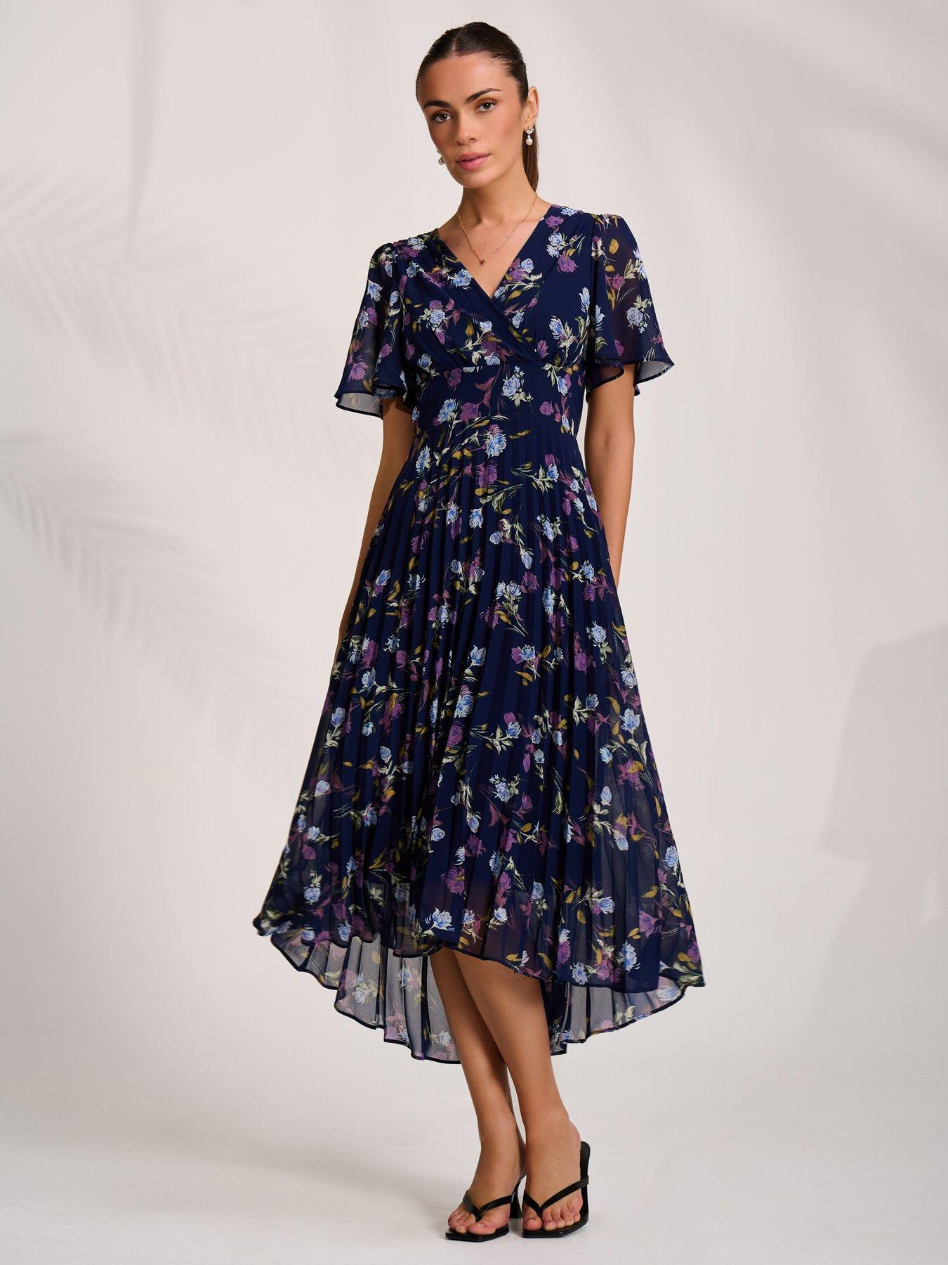 Image 3 of 7 of Jolie Moi Printed Chiffon Pleated Maxi Dress - Navy