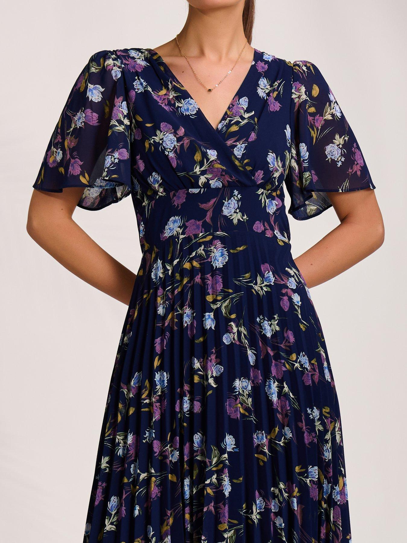Image 4 of 7 of Jolie Moi Printed Chiffon Pleated Maxi Dress - Navy