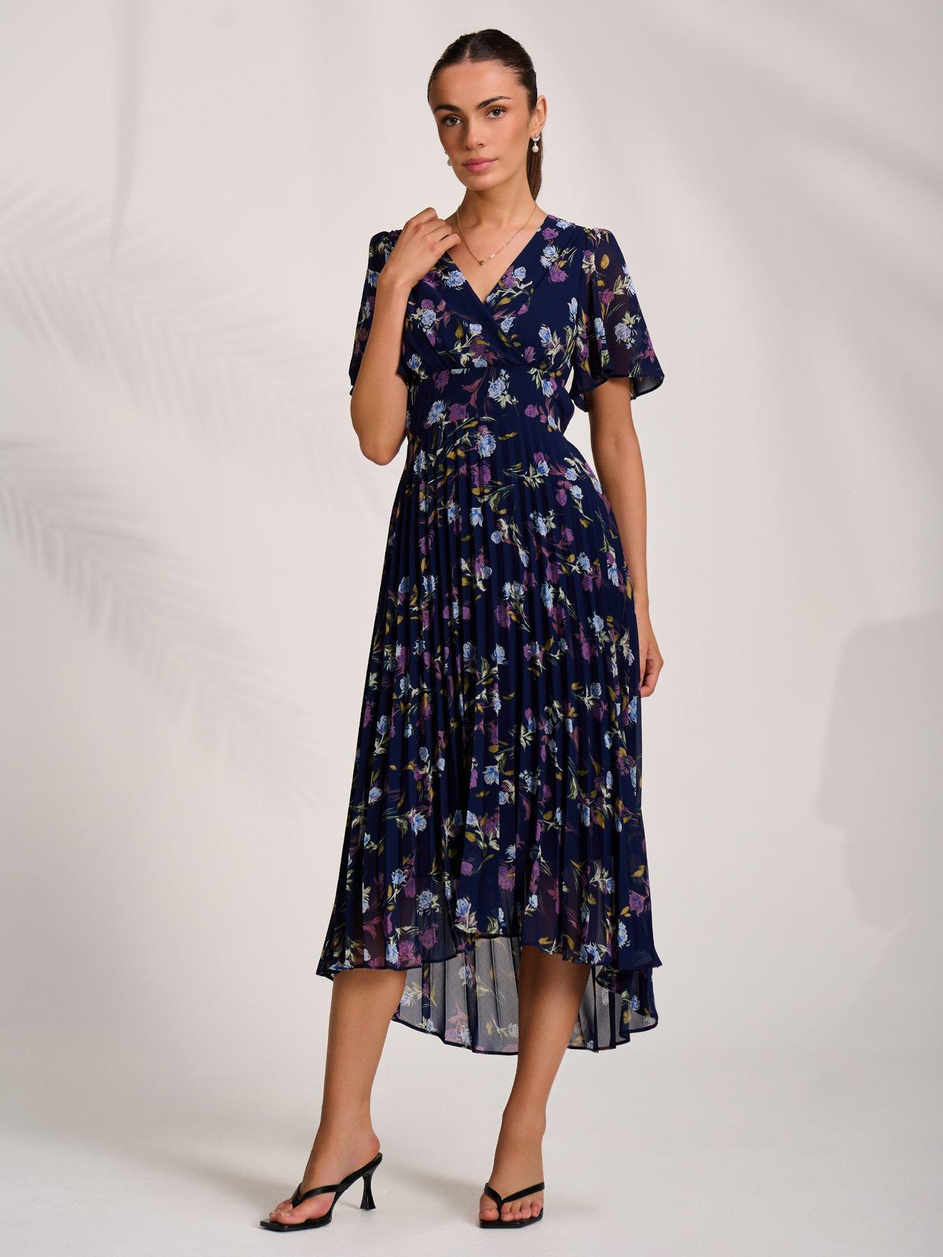 Image 6 of 7 of Jolie Moi Printed Chiffon Pleated Maxi Dress - Navy