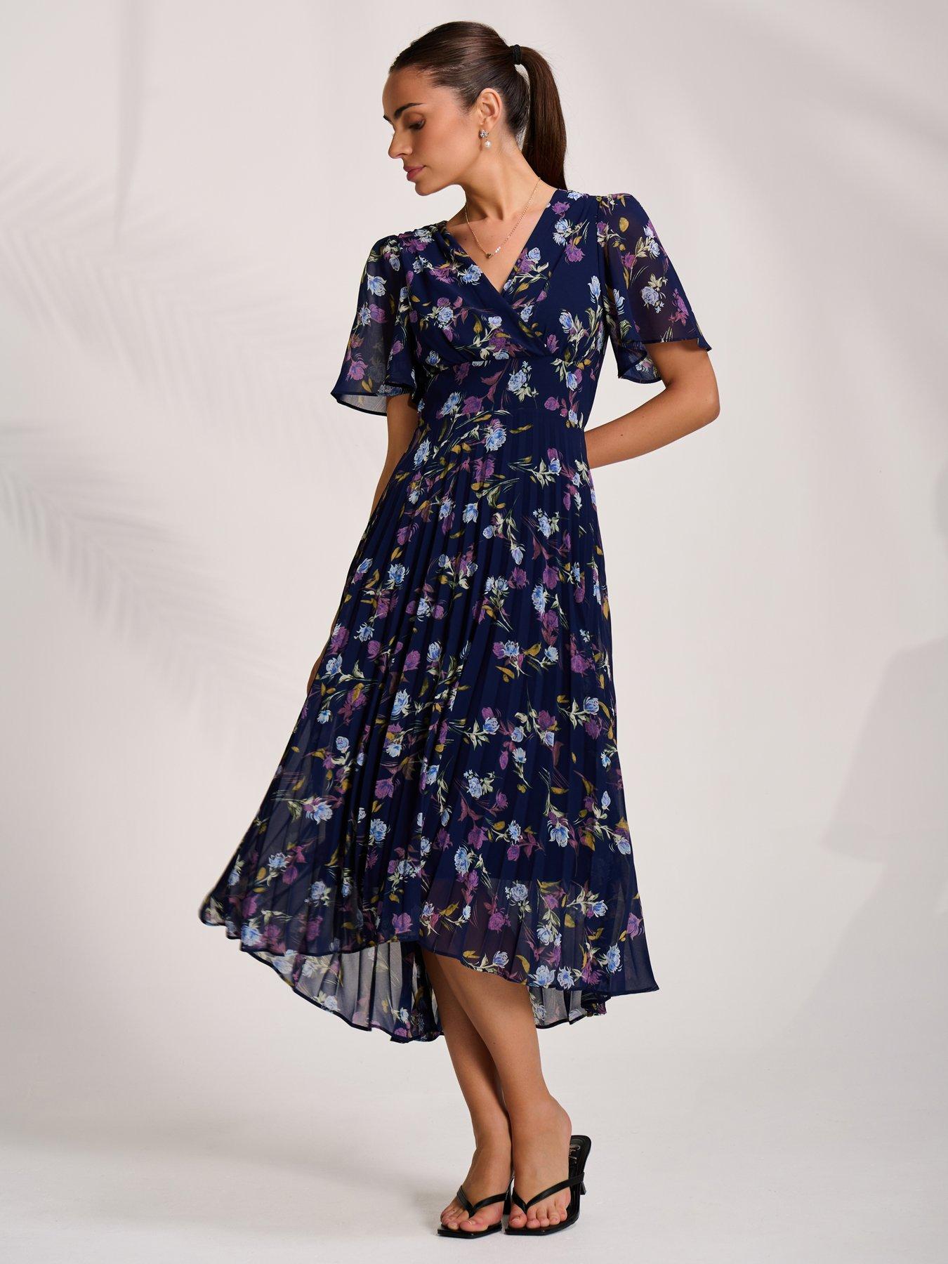 Image 7 of 7 of Jolie Moi Printed Chiffon Pleated Maxi Dress - Navy