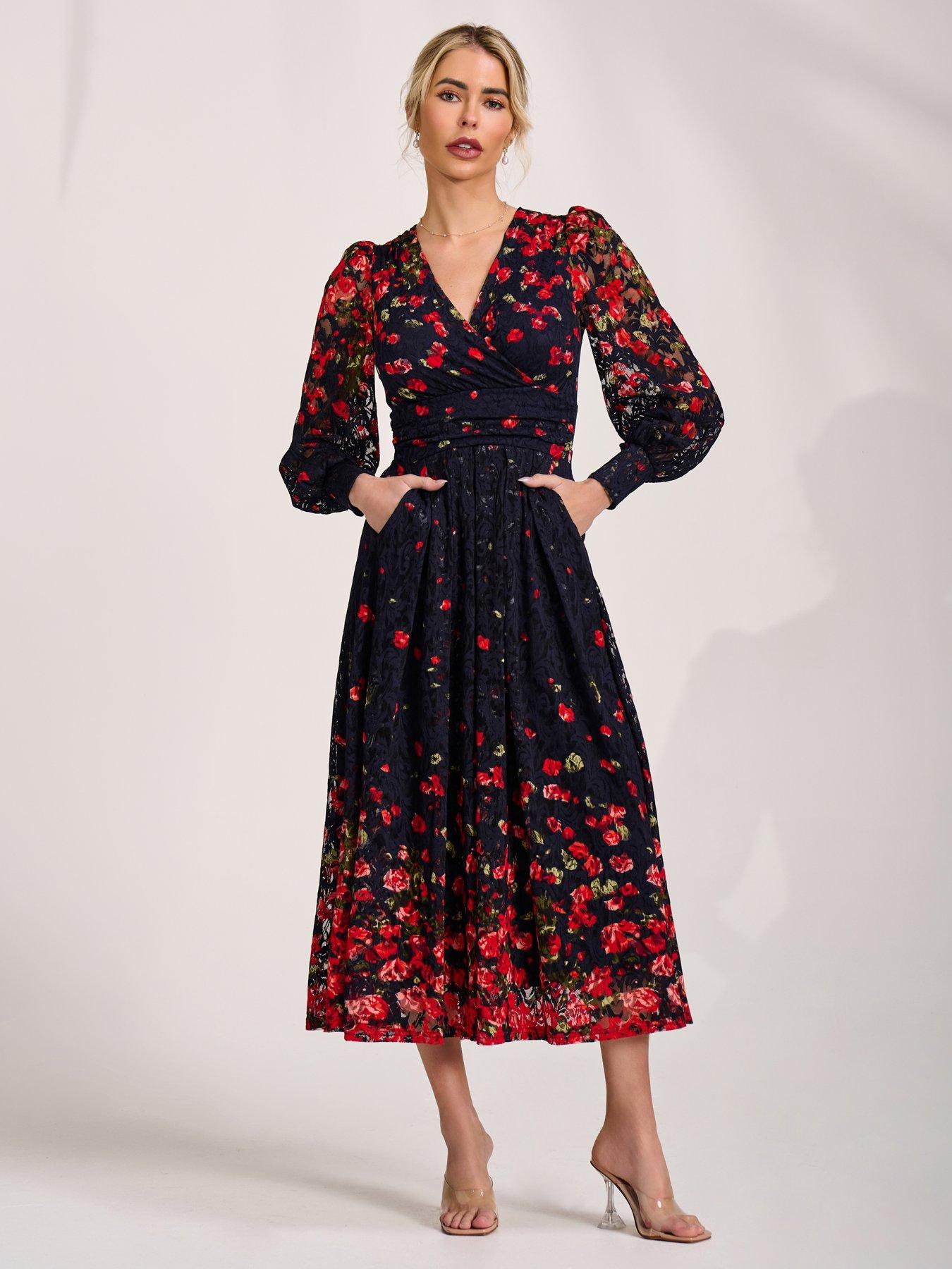 Jolie Moi Long Sleeve Printed Lace Maxi Dress - Navy