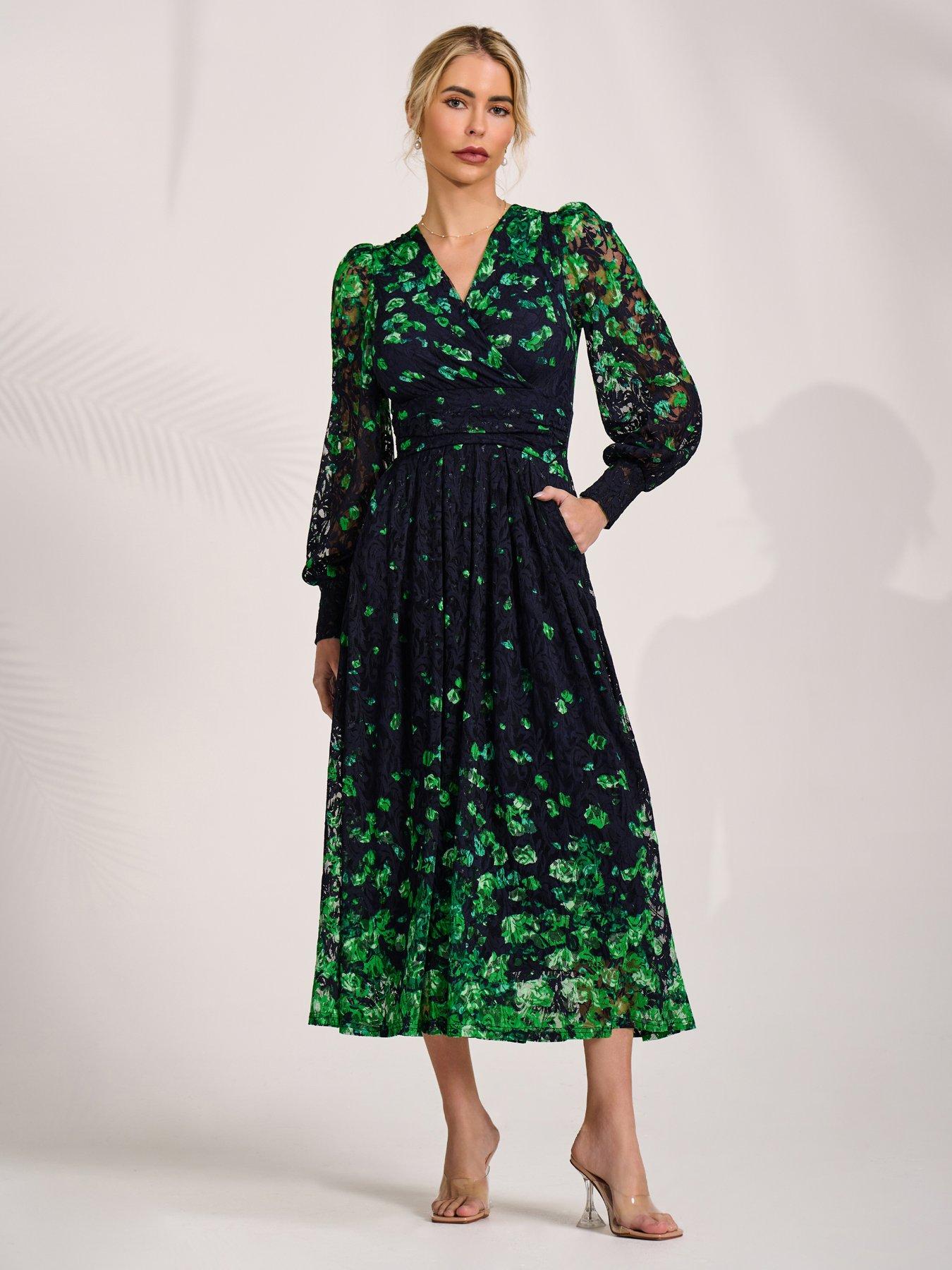 Jolie Moi Long Sleeve Printed Lace Maxi Dress - Navy