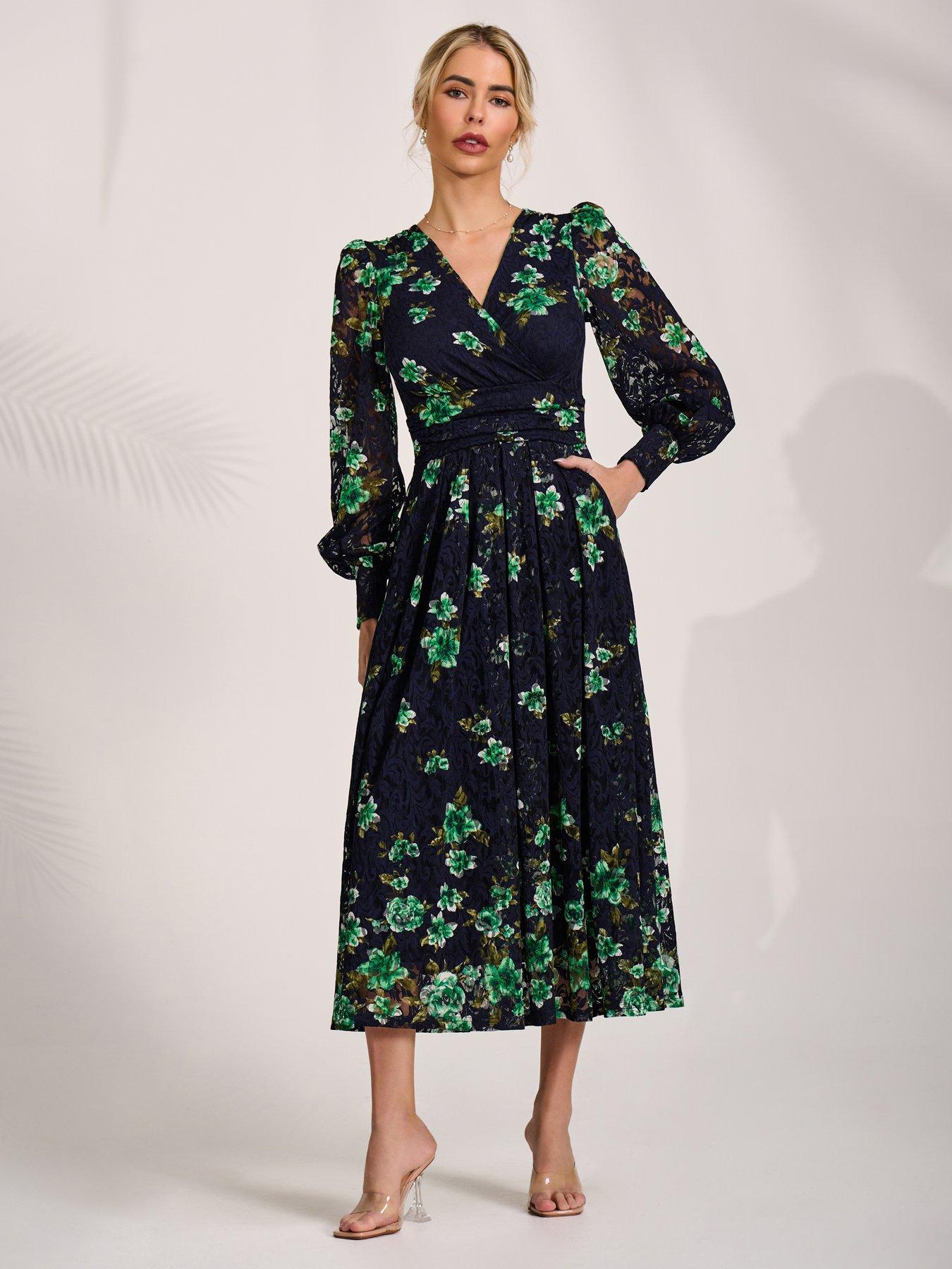 Jolie Moi Long Sleeve Printed Lace Maxi Dress - Navy