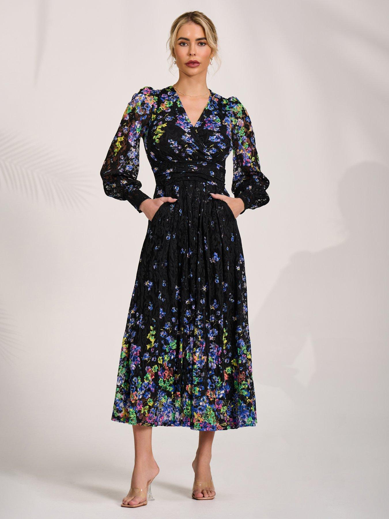 Jolie Moi Long Sleeve Printed Lace Maxi Dress - Navy