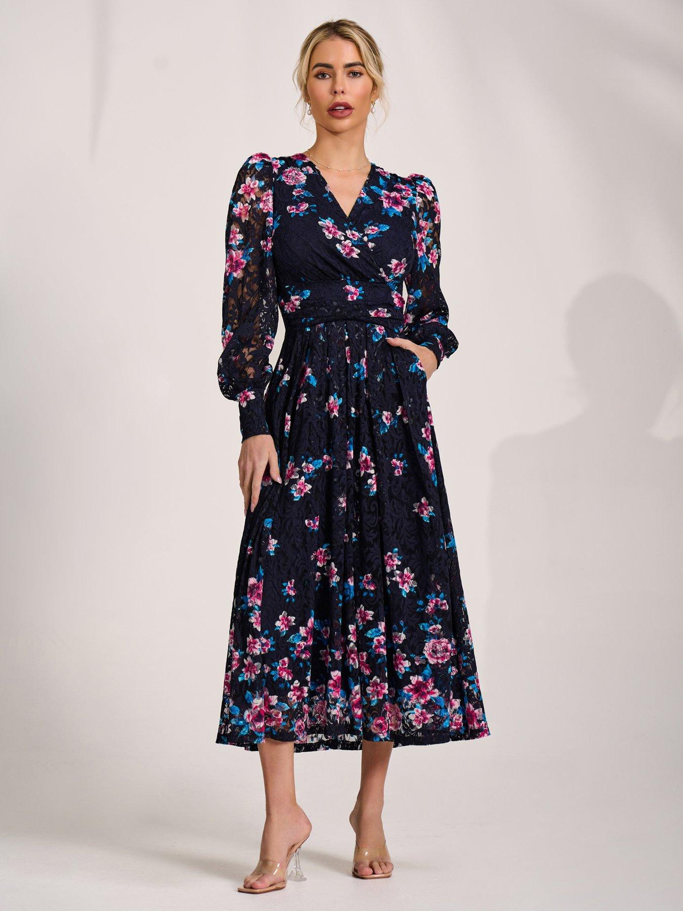 Jolie Moi Long Sleeve Printed Lace Maxi Dress - Navy