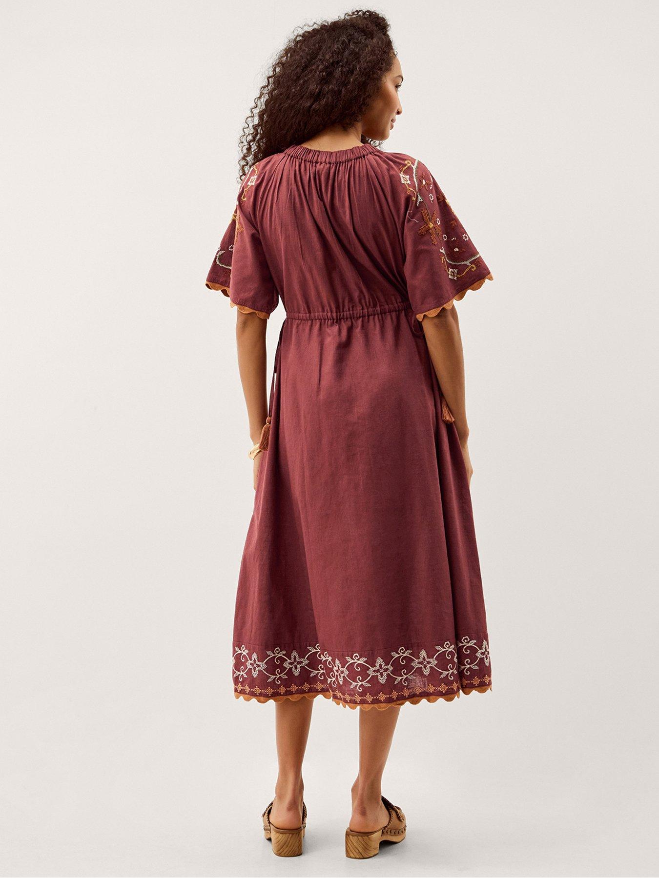 Image 2 of 5 of Monsoon Greta Embroidered Dress - Brown