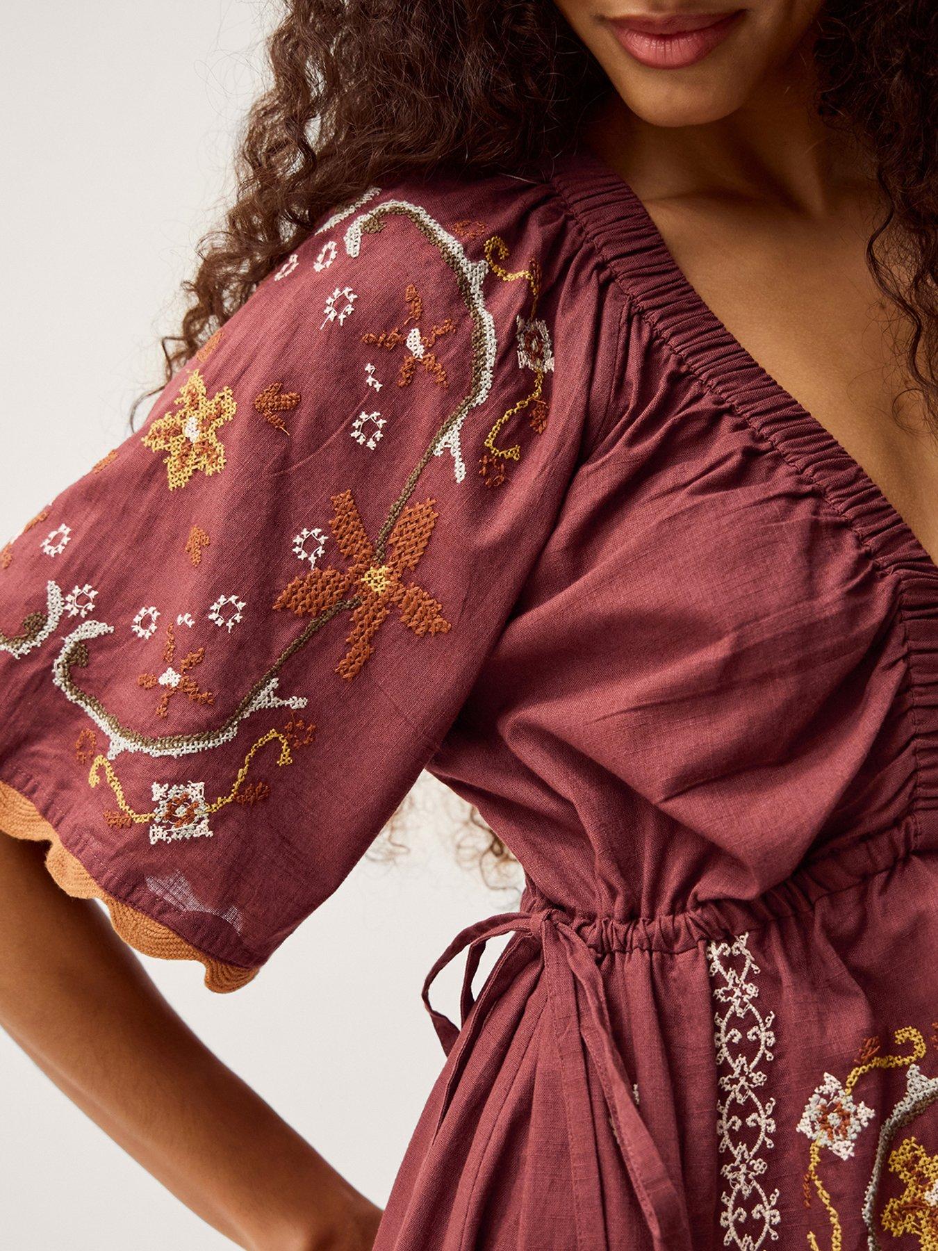Image 3 of 5 of Monsoon Greta Embroidered Dress - Brown