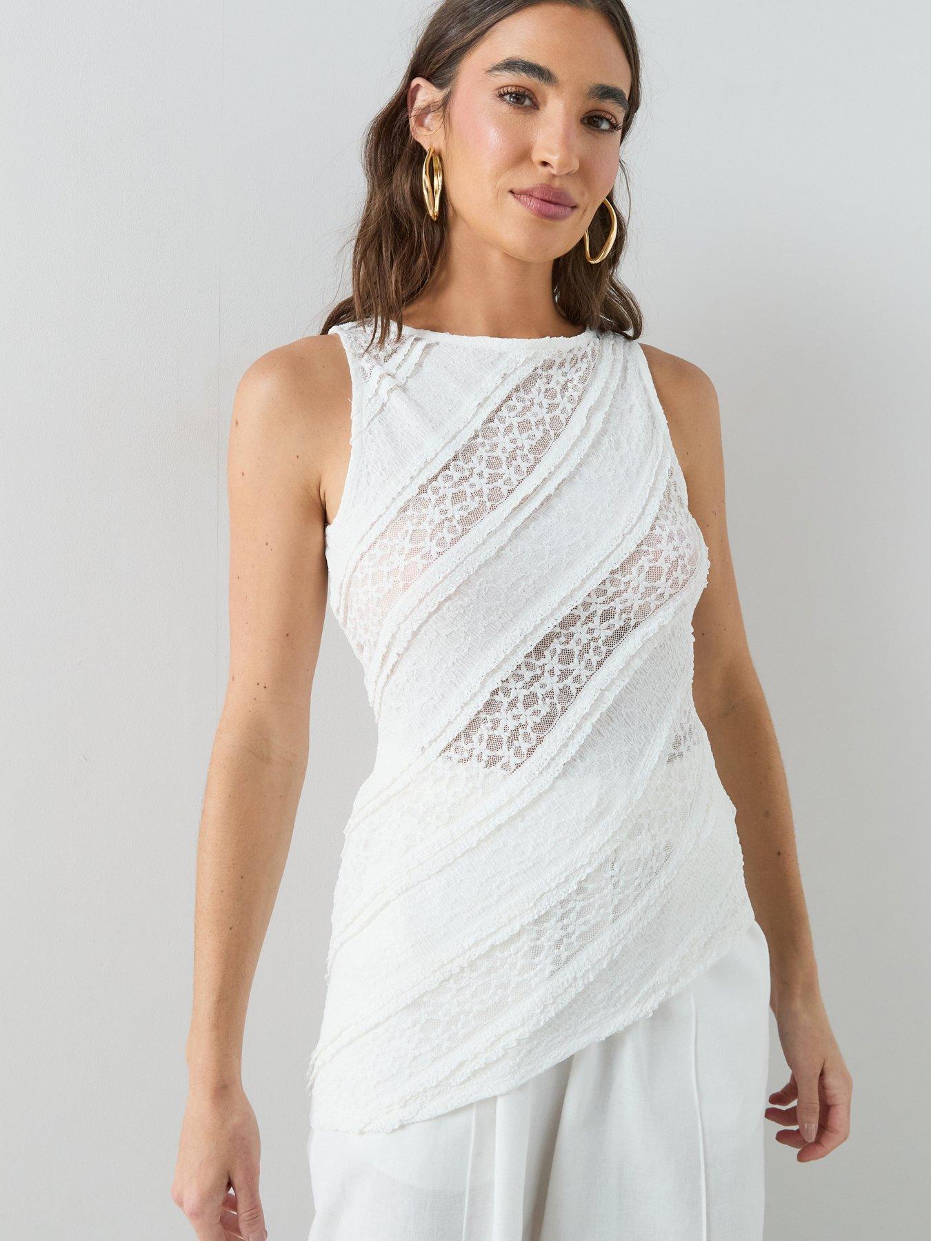 The Very Collection Lace Asymmetric Hem Top - White