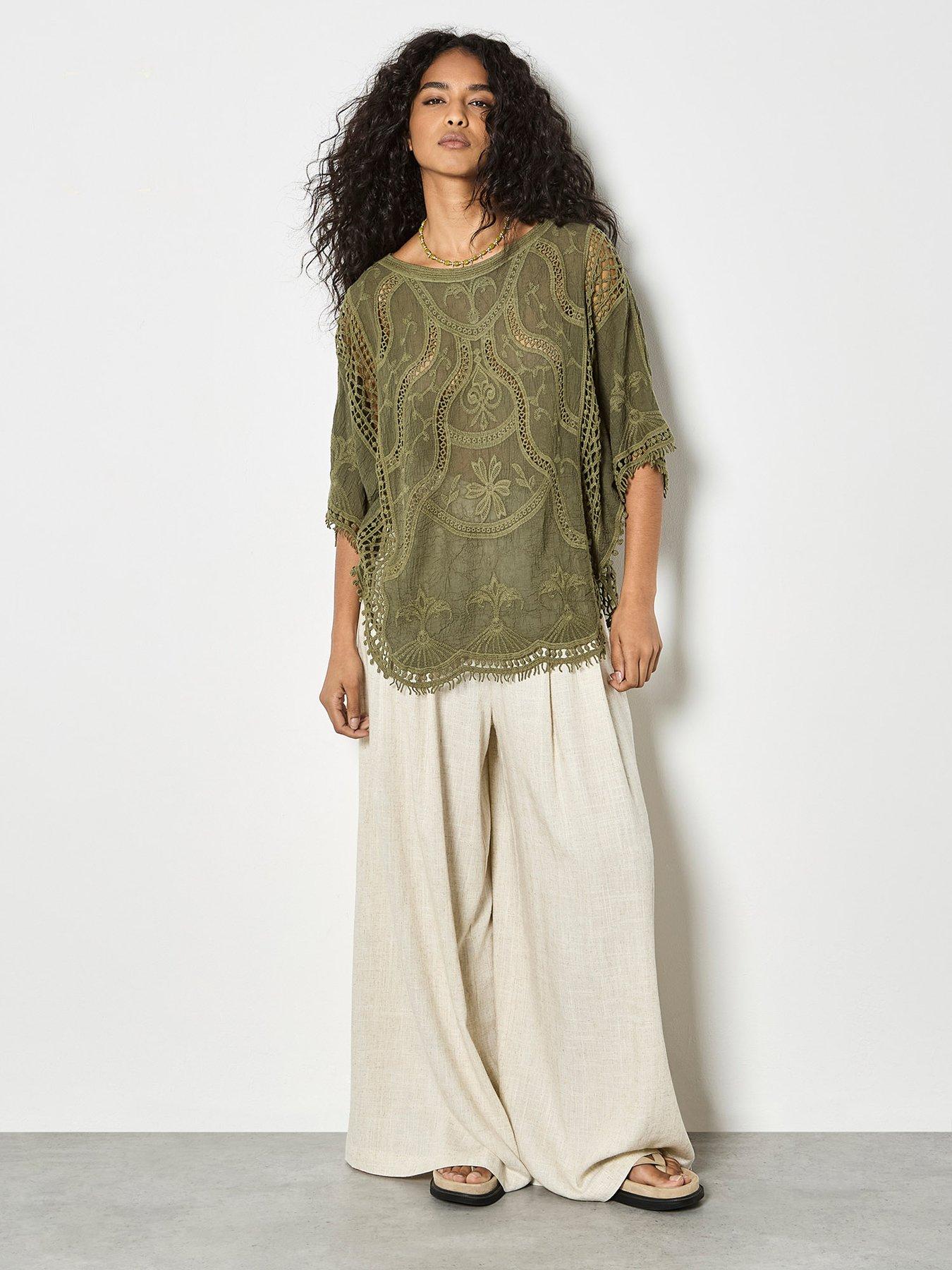Image 3 of 4 of Apricot Embroidered Cotton Crochet Top