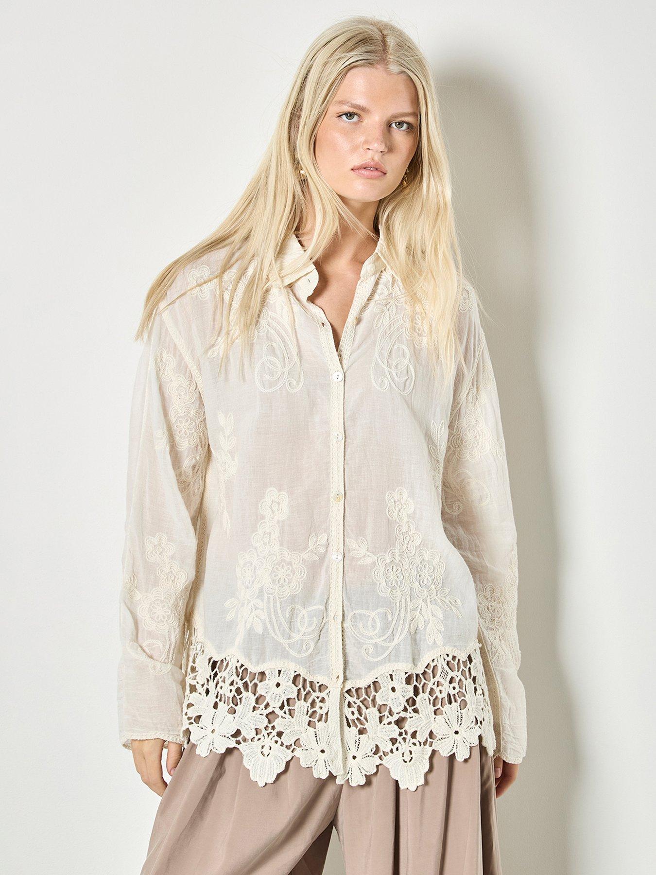 Apricot Embr Mesh Lace Edge Ovesiz Shirt