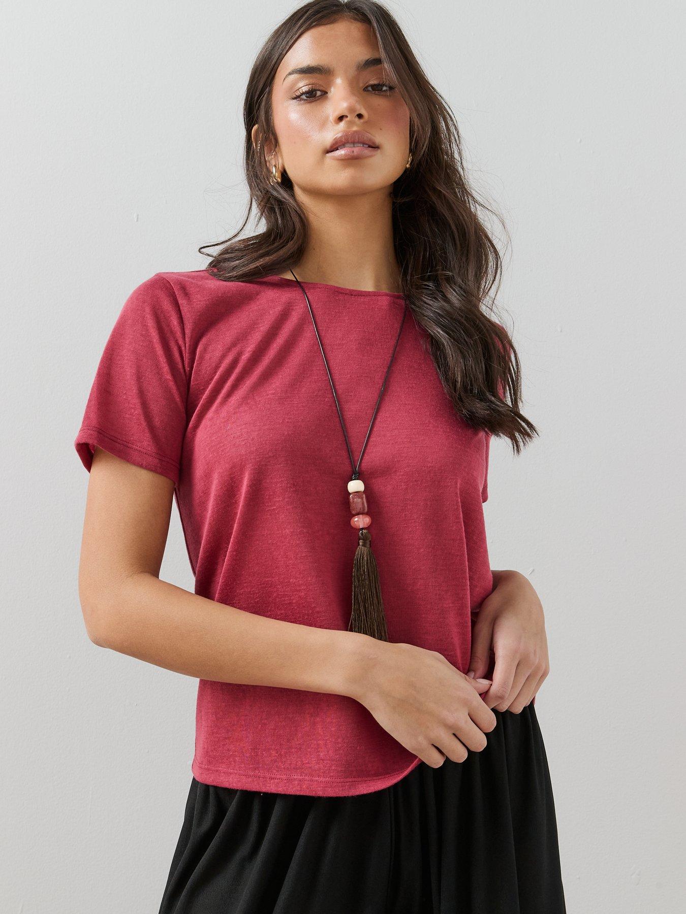 Image 1 of 6 of The Very Collection Linen Look Crew Neck T-shirt - Burgundy