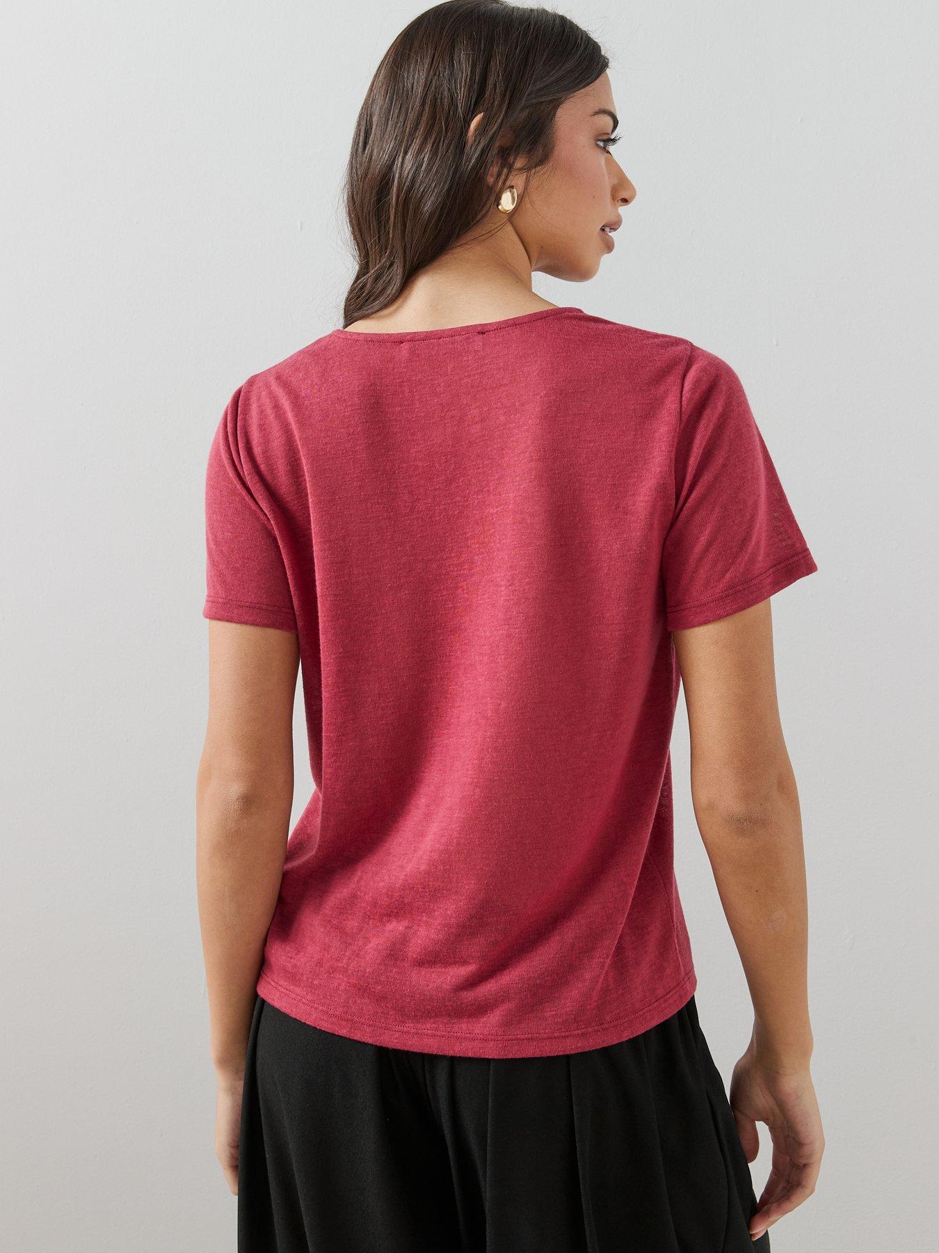 Image 2 of 6 of The Very Collection Linen Look Crew Neck T-shirt - Burgundy