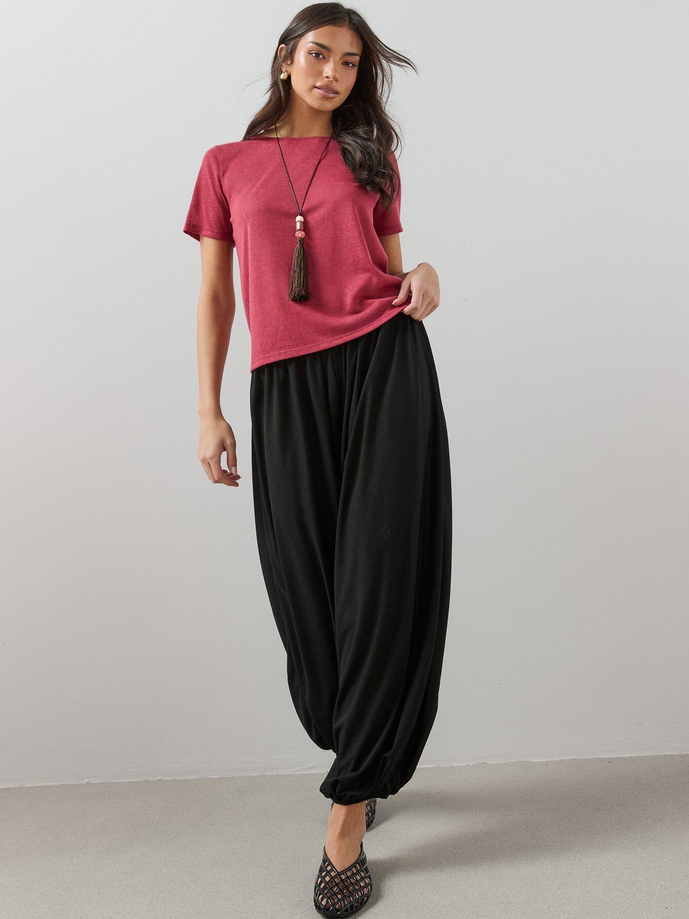 Image 3 of 6 of The Very Collection Linen Look Crew Neck T-shirt - Burgundy