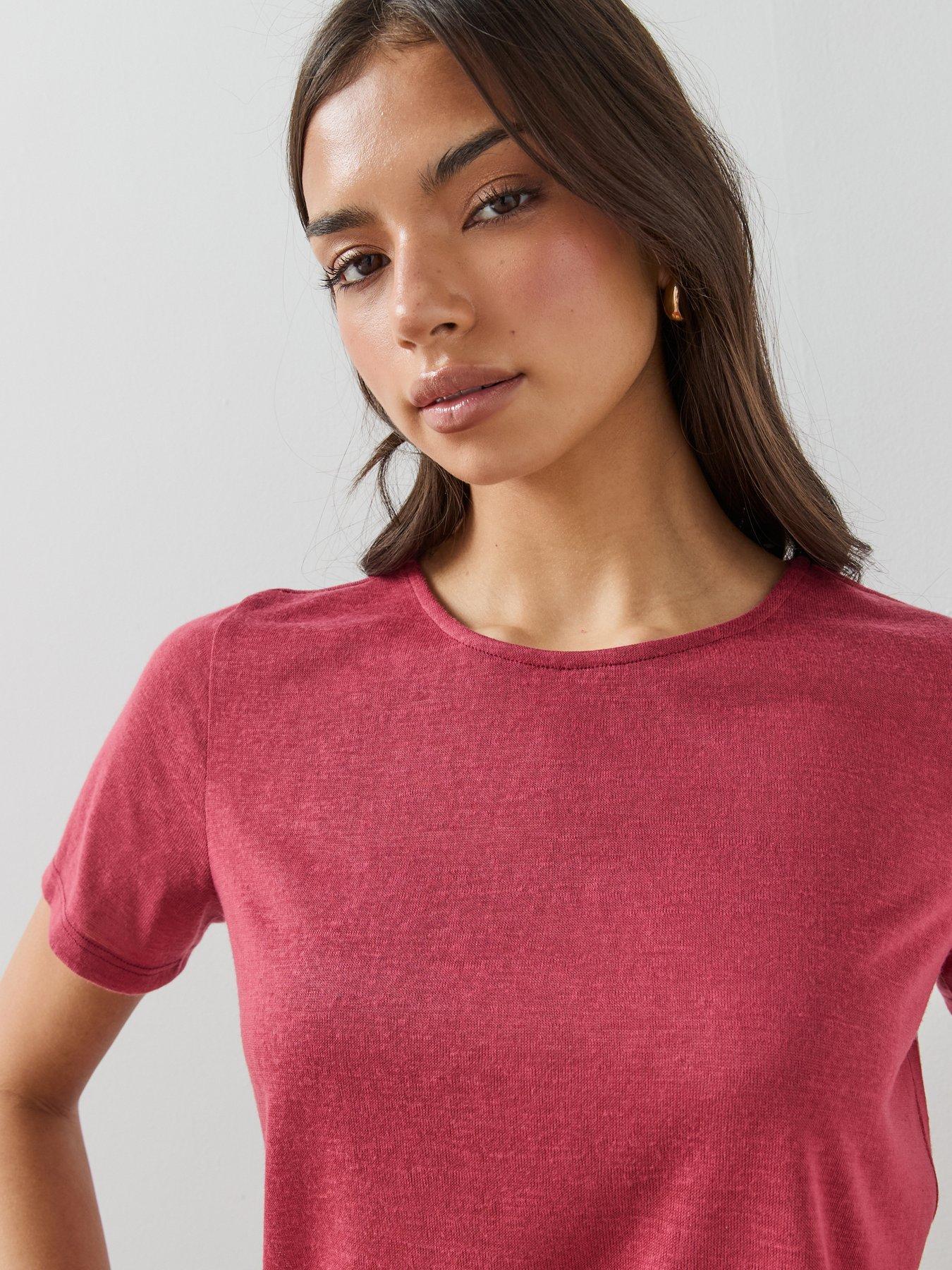 Image 4 of 6 of The Very Collection Linen Look Crew Neck T-shirt - Burgundy