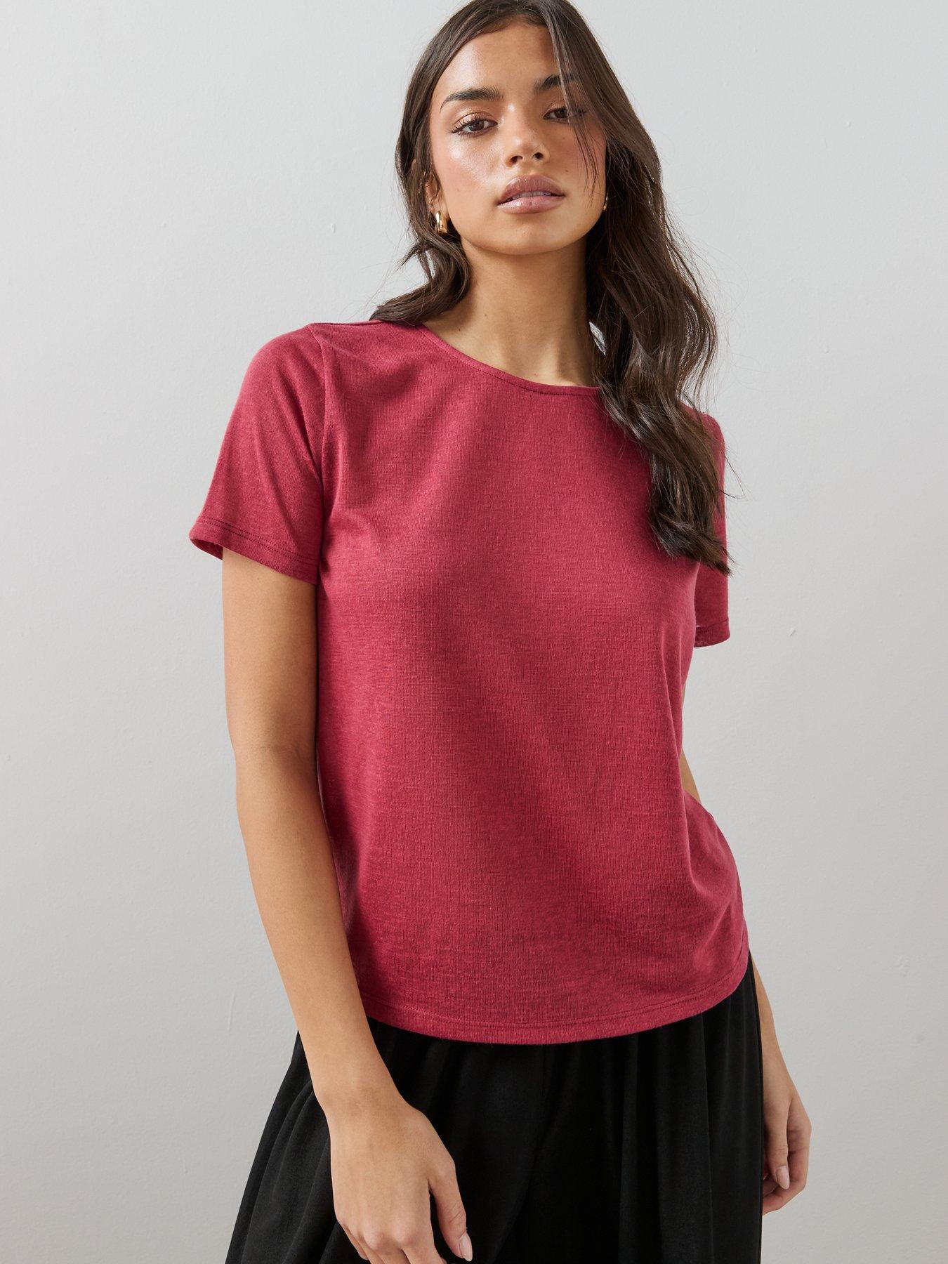 Image 5 of 6 of The Very Collection Linen Look Crew Neck T-shirt - Burgundy