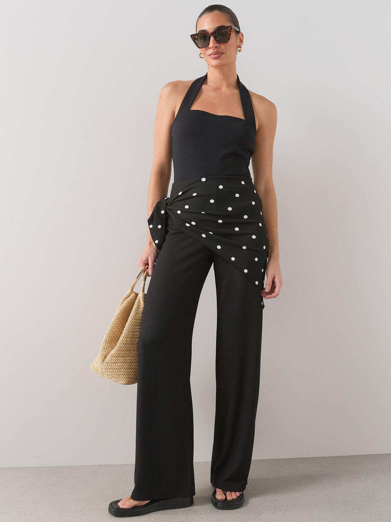 The Very Collection Spot Scarf Waist Wide Leg Trouser- Black