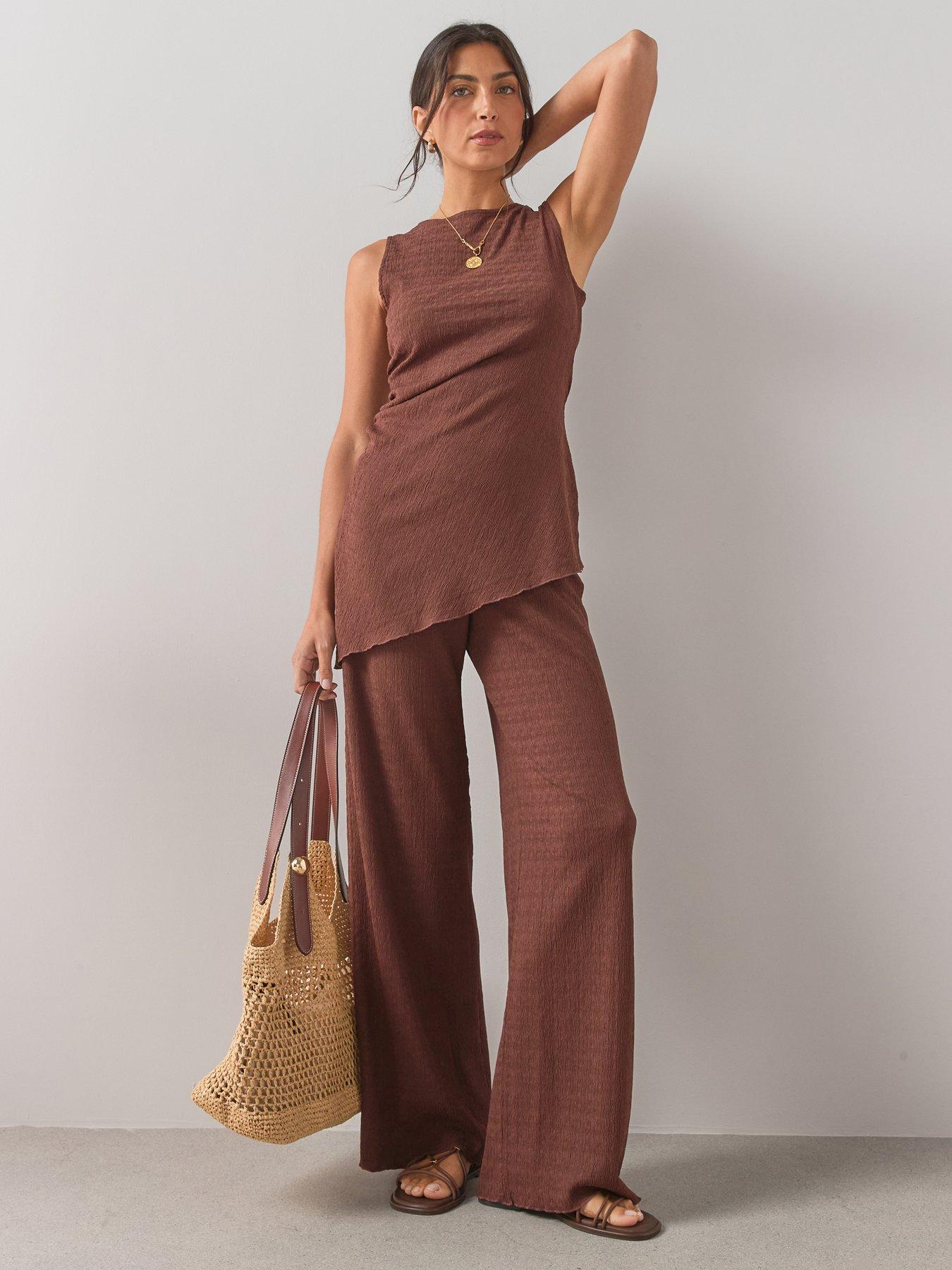 Image 1 of 6 of The Very Collection Textured Wide Leg Co-ord Trousers -brown