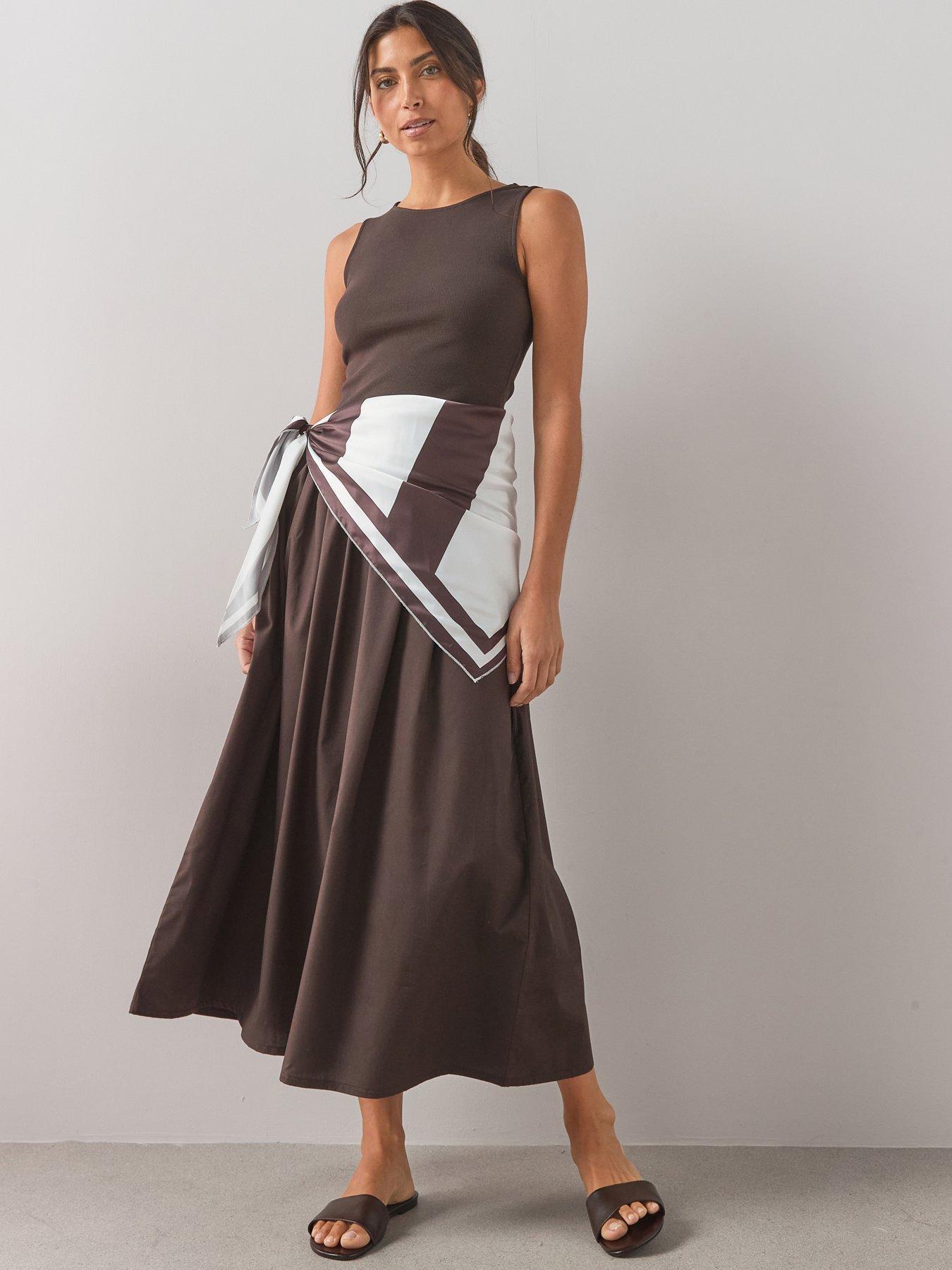 The Very Collection Woven Mix Dress With Scarf Detail- Brown