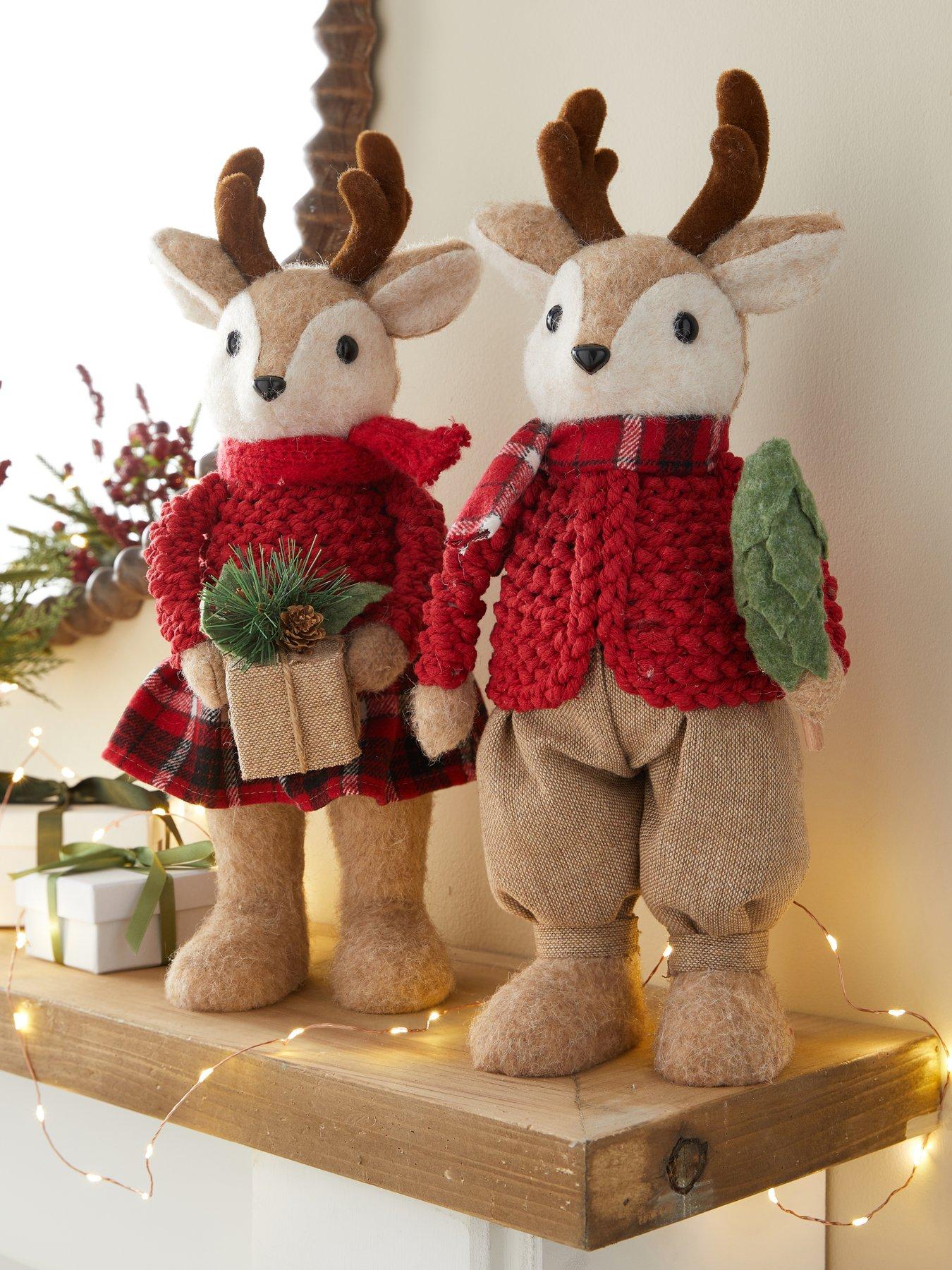 Image 1 of 7 of The Very Collection Set Of 2 Red Sweater Boy &amp; Girl&nbsp;Deer Christmas Decorations