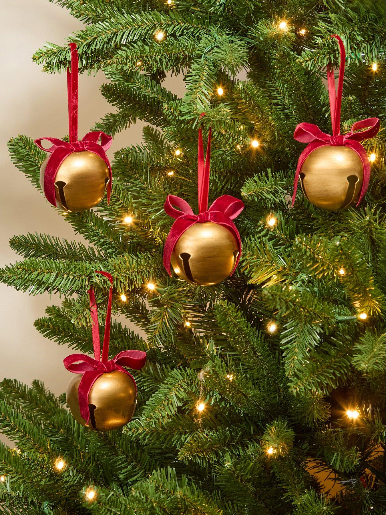 The Very Collection Set of 4 Gold Bell Christmas Tree Baubles with Red Bows