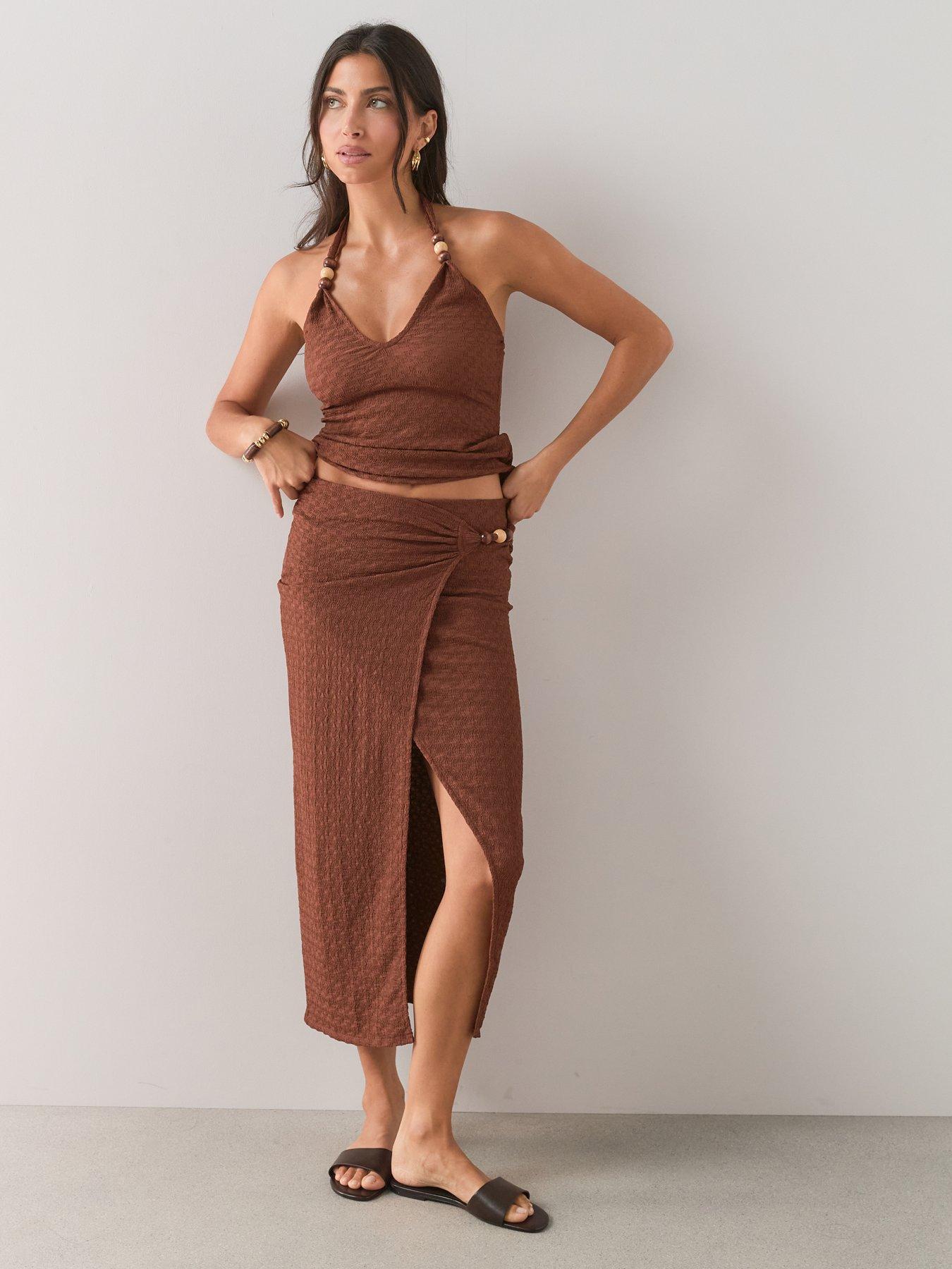 Image 3 of 6 of The Very Collection Bead Textured Wrap Midaxi Co-ord Skirt - Brown