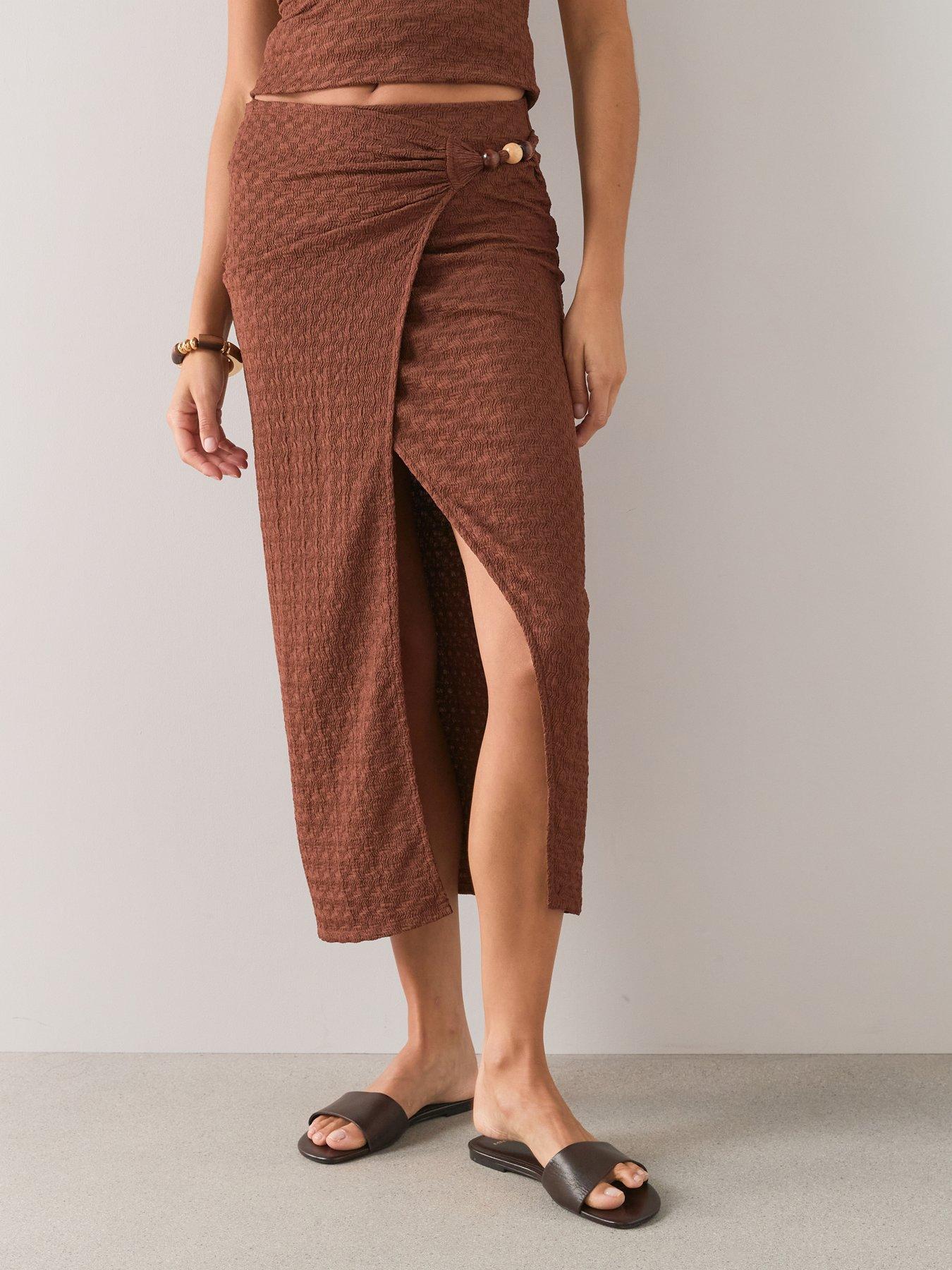 Image 4 of 6 of The Very Collection Bead Textured Wrap Midaxi Co-ord Skirt - Brown