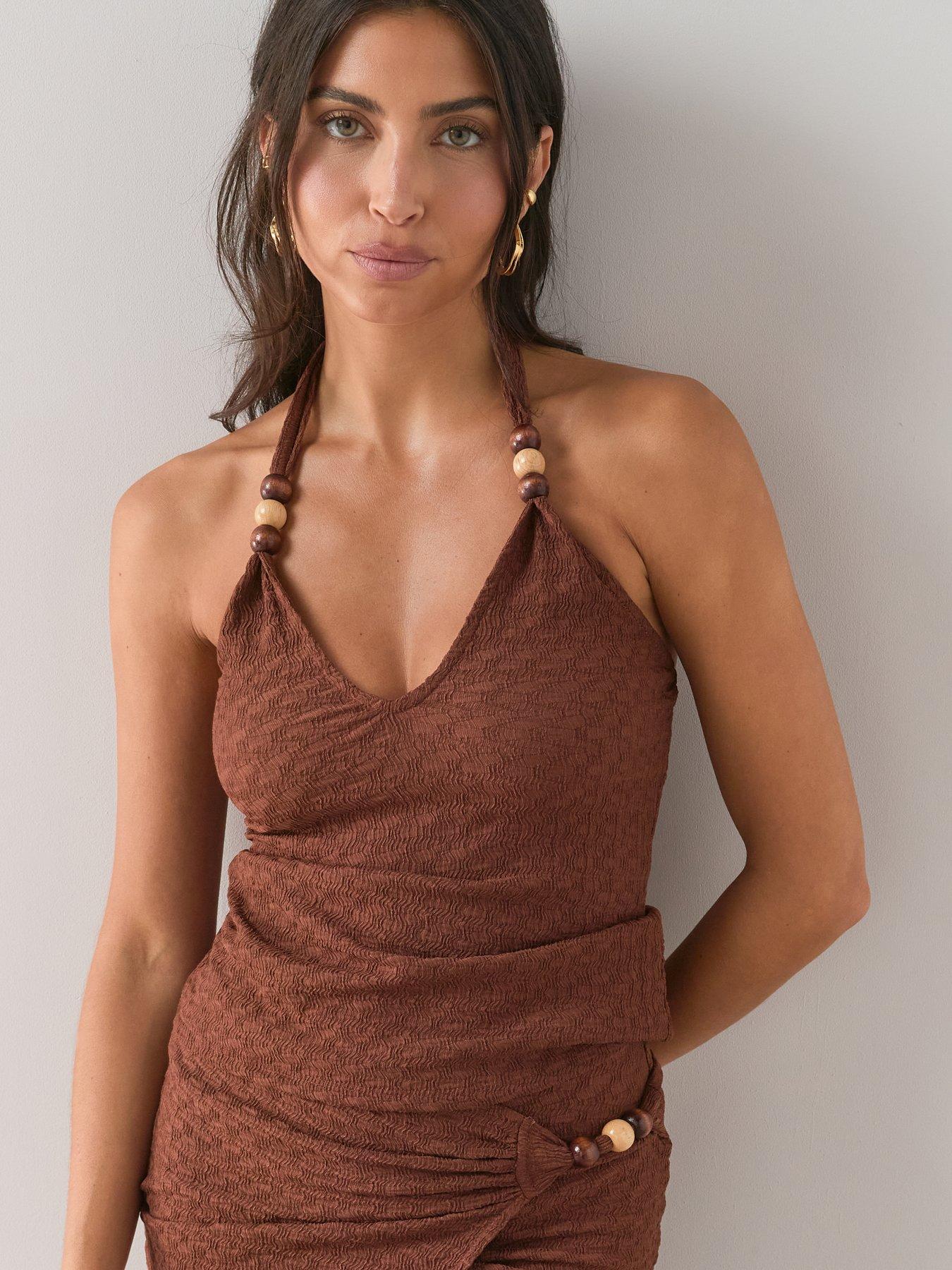 Image 6 of 6 of The Very Collection Bead Textured Wrap Midaxi Co-ord Skirt - Brown