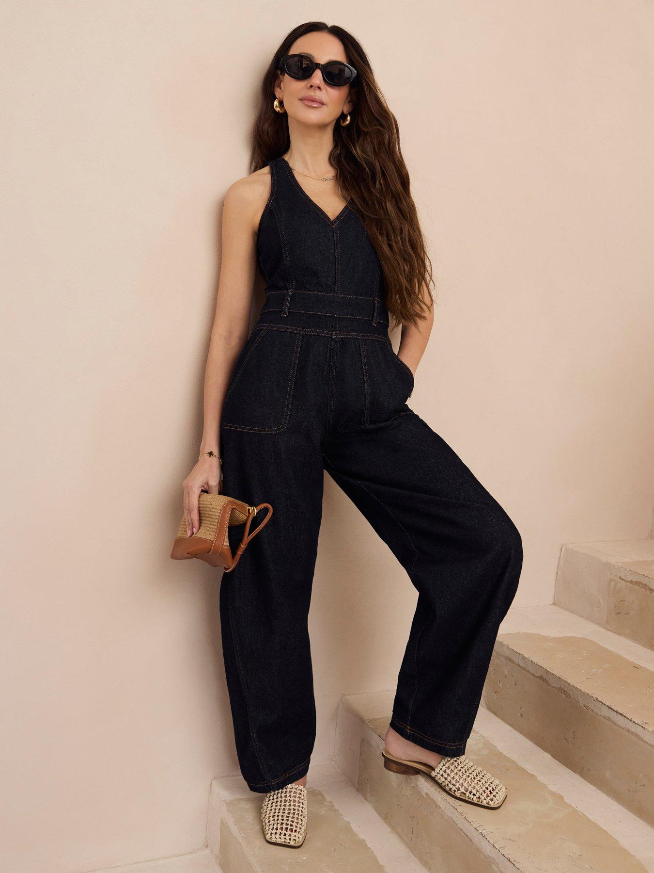 Image 3 of 5 of Michelle Keegan Barrel Leg Jumpsuit - Dark Wash