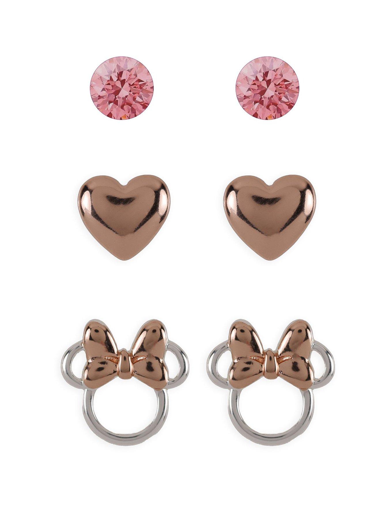 Image 1 of 2 of Disney Brass Light Rose Crystal, Heart &amp; Stud Earrings 3Pc Set