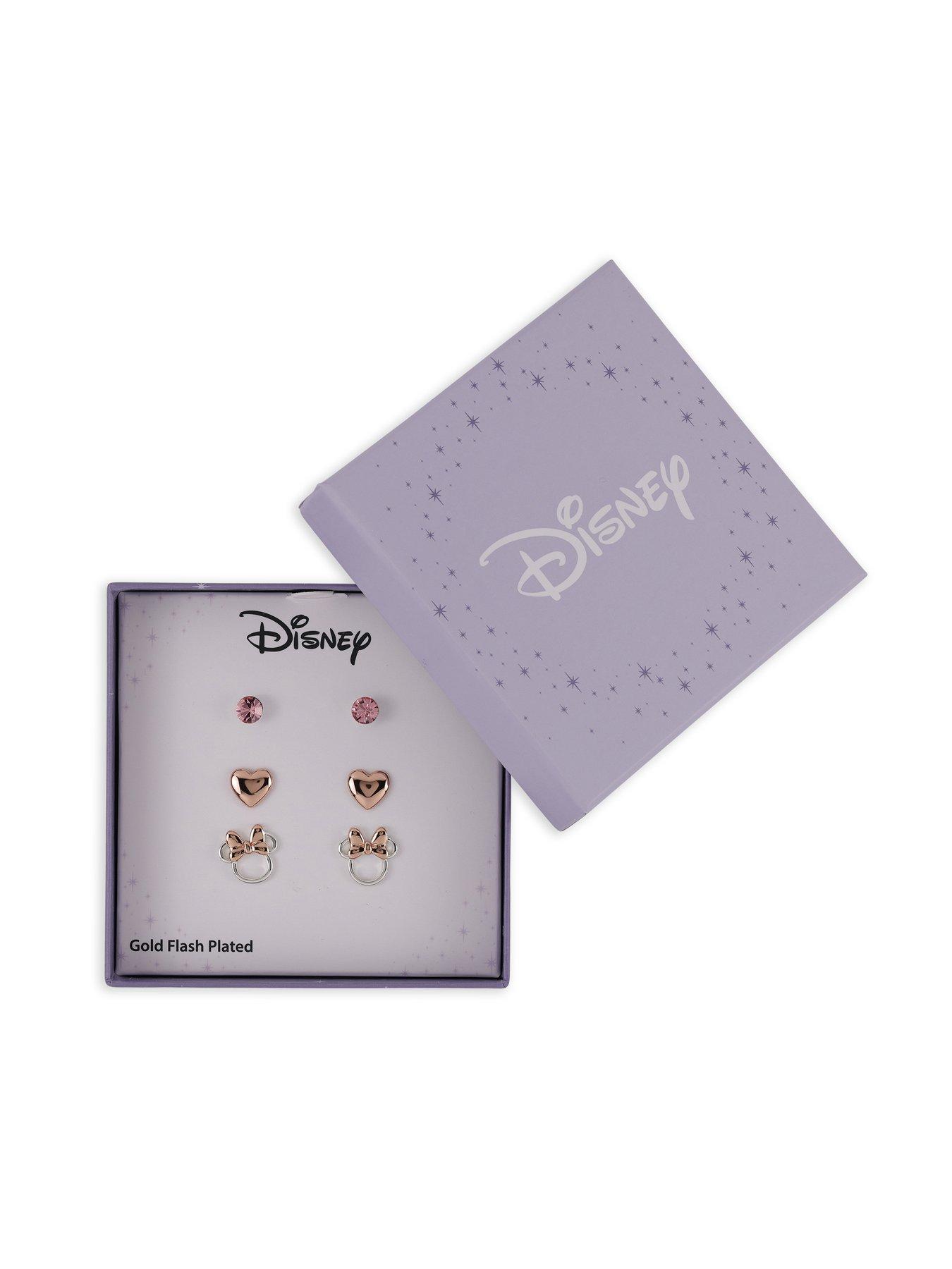 Image 2 of 2 of Disney Brass Light Rose Crystal, Heart &amp; Stud Earrings 3Pc Set