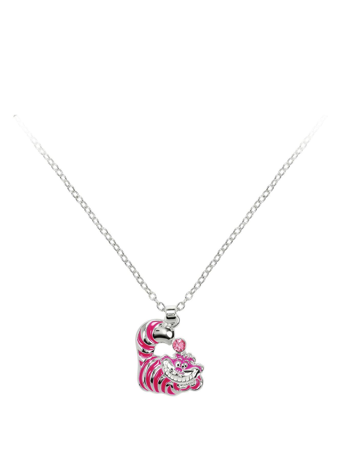 Alice in Wonderland Cheshire Cat Pendant Necklace With Stone - Pink