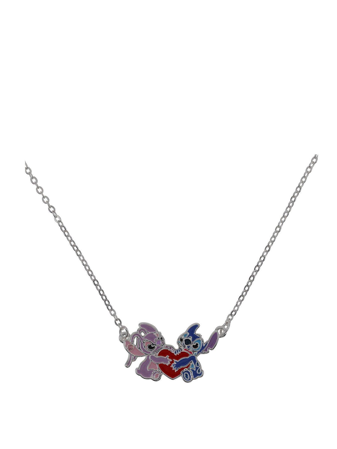 Disney Stitch Silver Plated 18" Stitch And Angel Enamel Heart Necklace