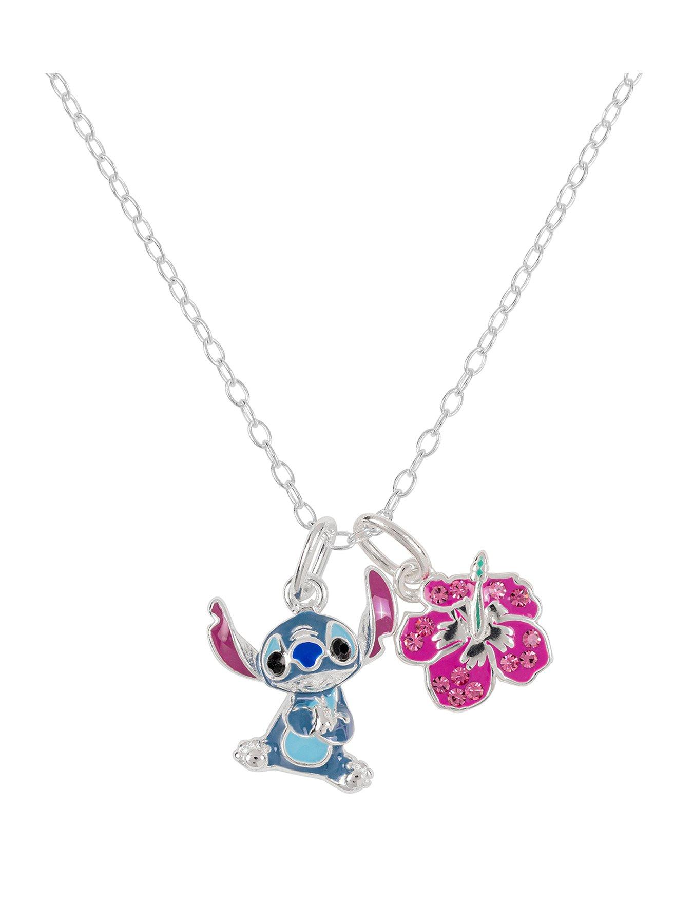 Disney Sterling Silver 925 18" Stitch And Flower Charm Necklace - Multi