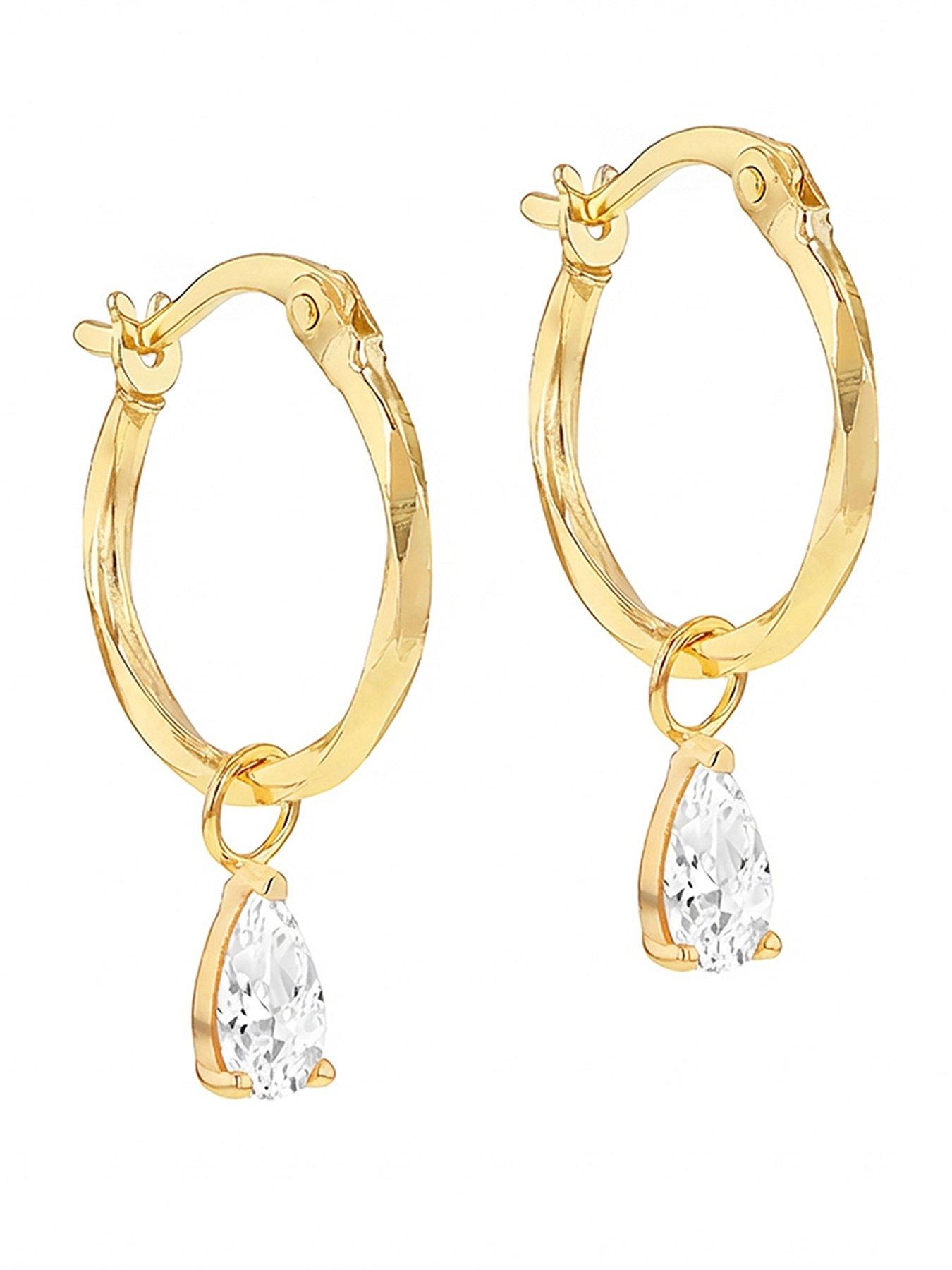 The Love Collection 9ct Yellow Gold 6mm x 4mm Pear CZ Diamond Cut Creole Hoop Earring