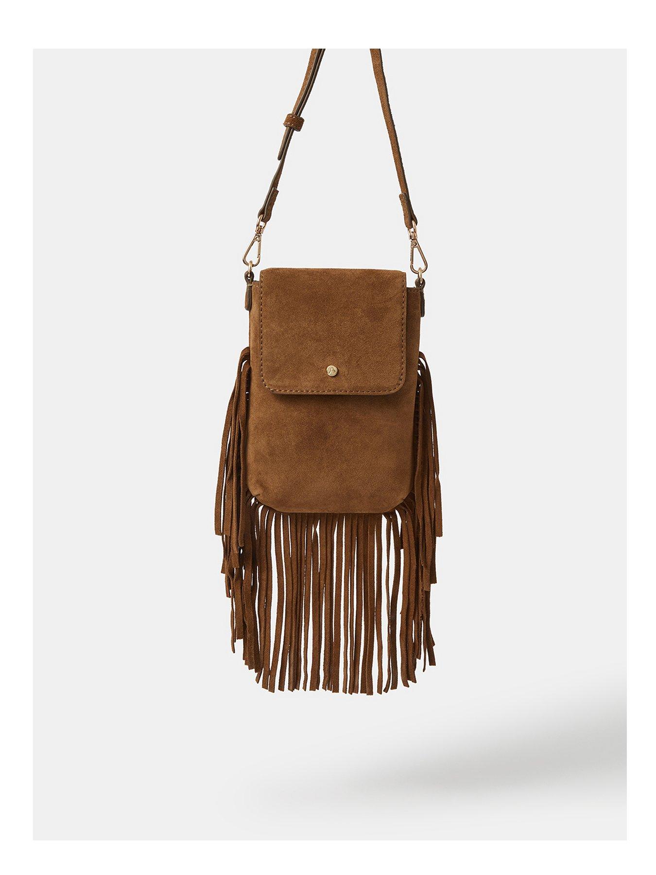front image of accessorize-fringe-suede-phone-bag
