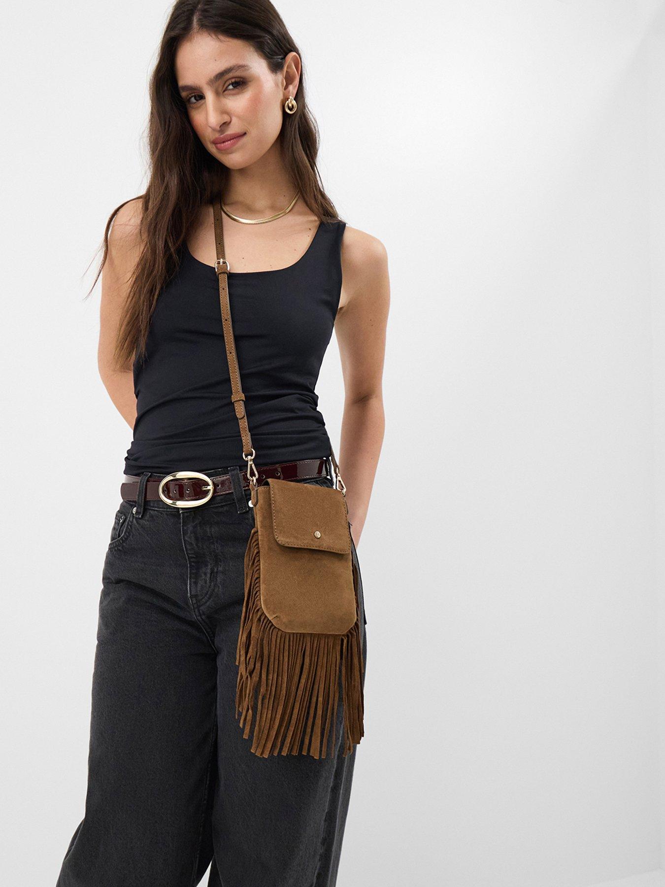 stillFront image of accessorize-fringe-suede-phone-bag