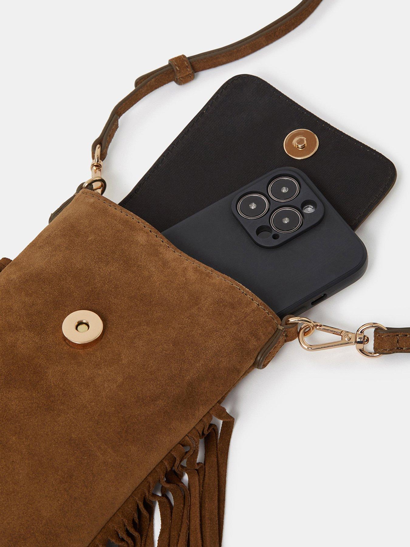  image of accessorize-fringe-suede-phone-bag