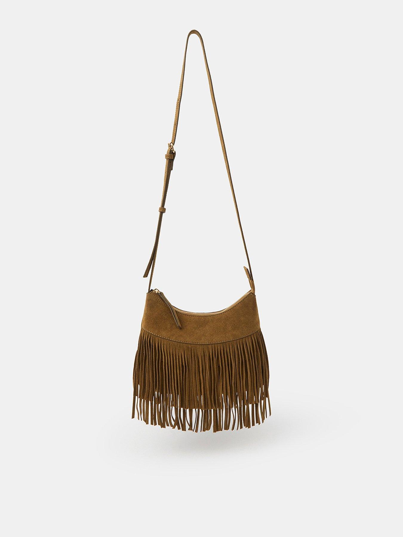 front image of accessorize-fringe-suede-crossbody-bag