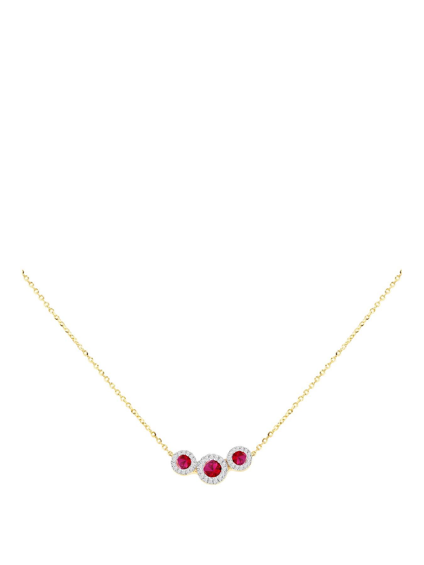 The Love Collection 9CT Yellow Gold 7mm x 15mm Trinity Pendant with Lab Rubies and Diamonds Necklace 43cm/17'-46cm/18'