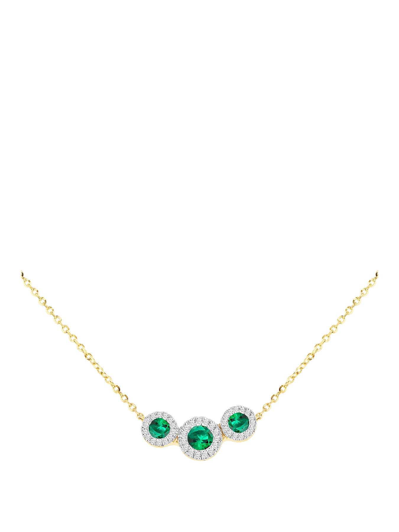 The Love Collection 9CT Yellow Gold 7mm x 15mm Trinity Pendant with Lab Emeralds and Diamonds Necklace 43cm/17'-46cm/18'