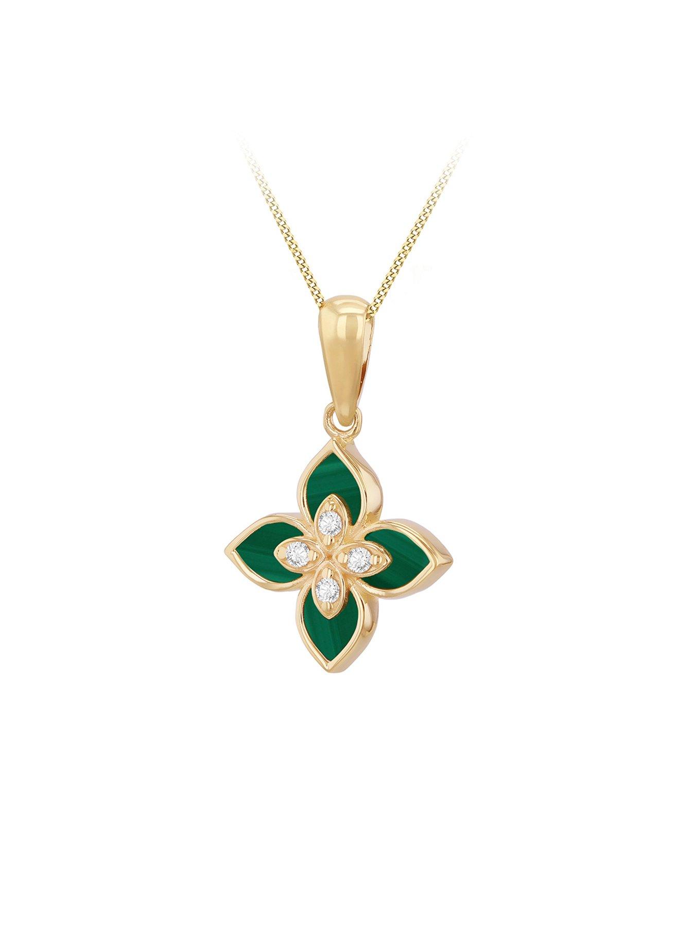 Image 2 of 4 of The Love Collection 9ct Yellow Gold Malachite and Cubic Zirconia Clover Pendant