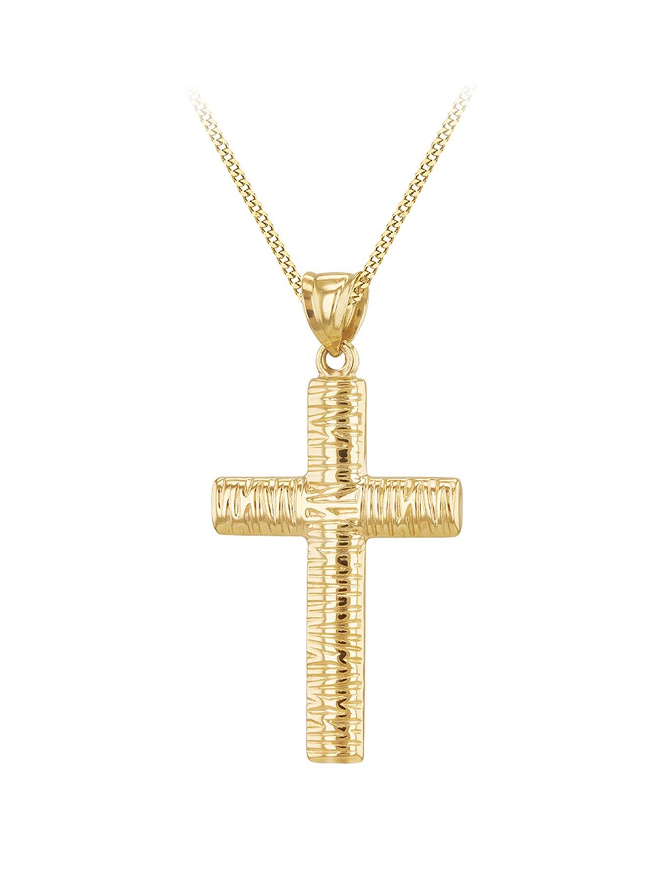 The Love Collection 9ct Yellow Gold 2mm x 3mm Bark Cross Pendant/18'