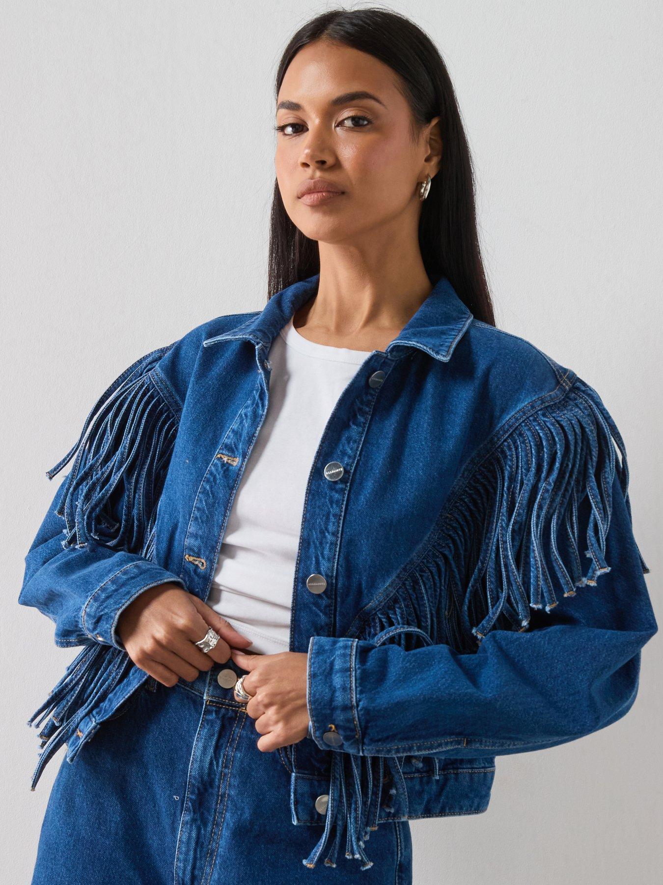 Image 1 of 6 of AllSaints Marlene Tassel Denim Jacket - Blue