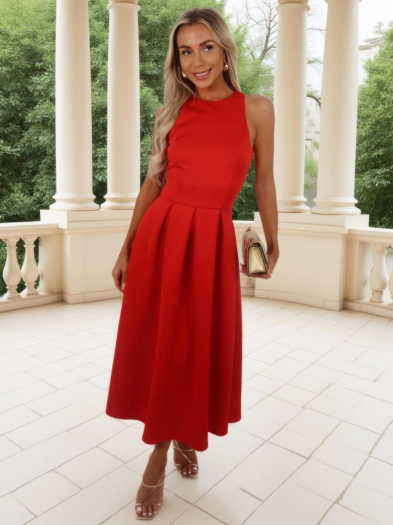 AX Paris Blood Racer Neck Pleated Skirt Midi Dress - Orange
