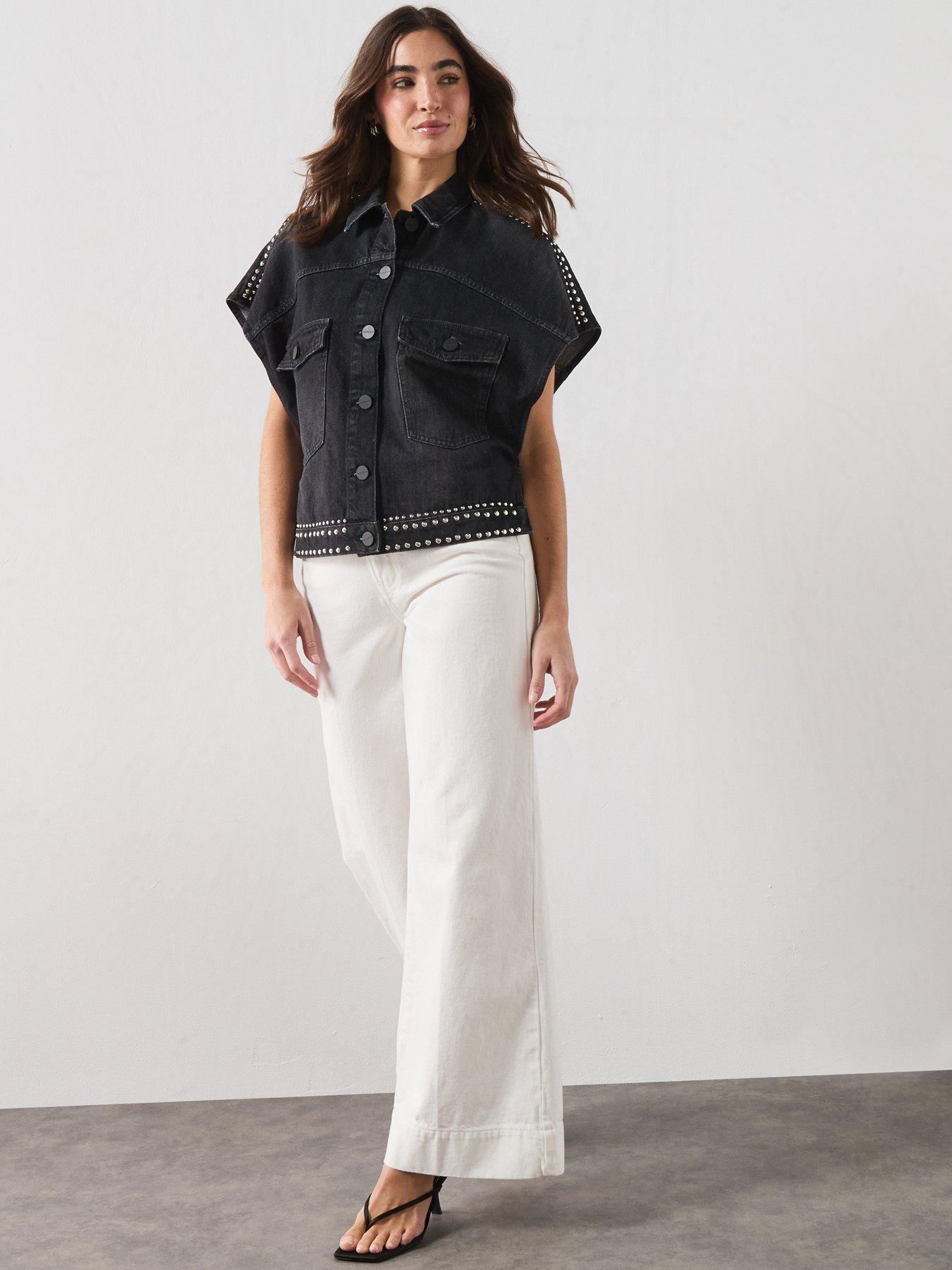 Image 3 of 6 of AllSaints Alba Stud Short Sleeve Shirt - Black