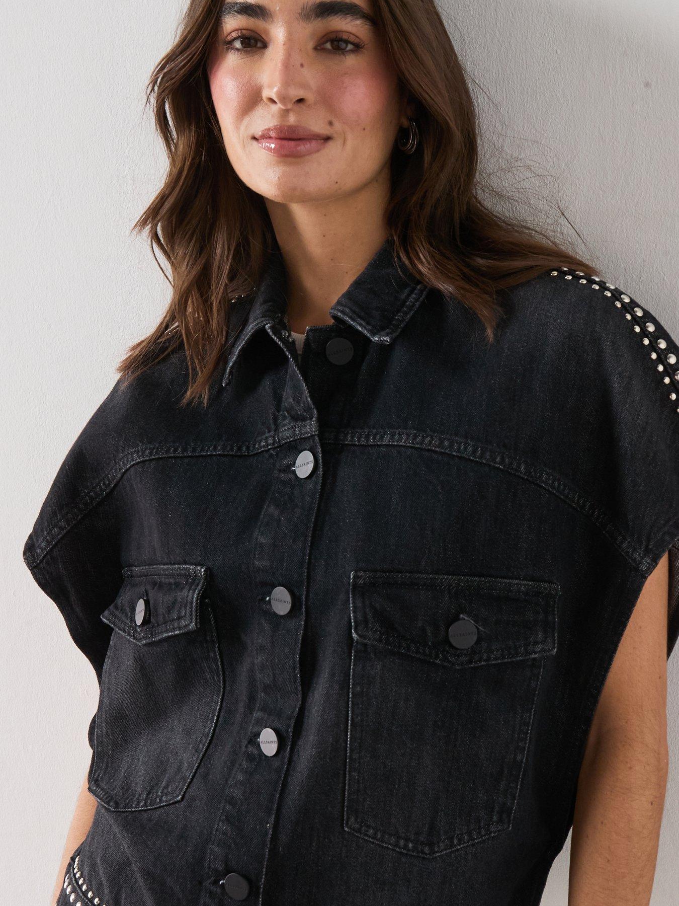 Image 5 of 6 of AllSaints Alba Stud Short Sleeve Shirt - Black