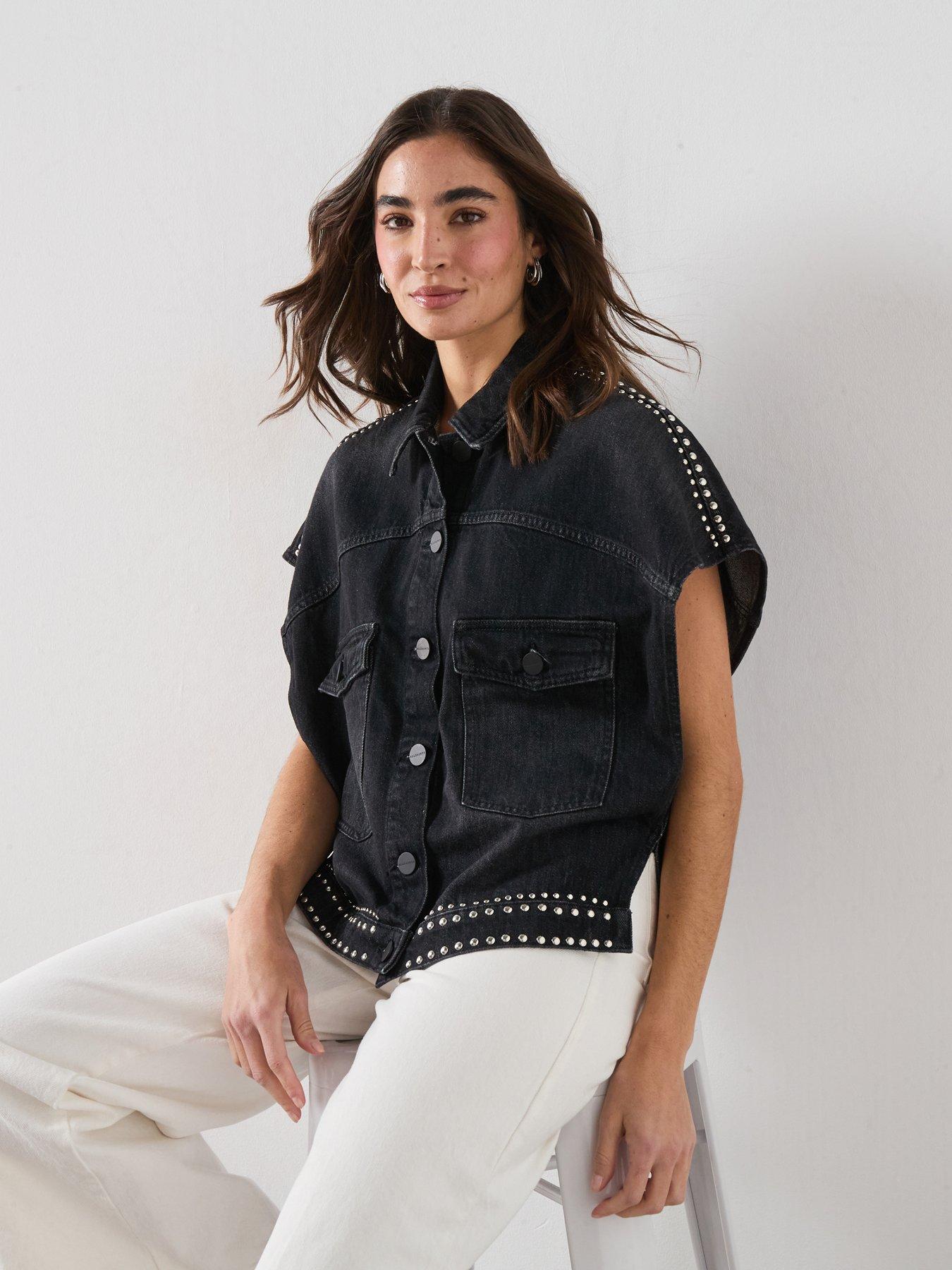 Image 6 of 6 of AllSaints Alba Stud Short Sleeve Shirt - Black